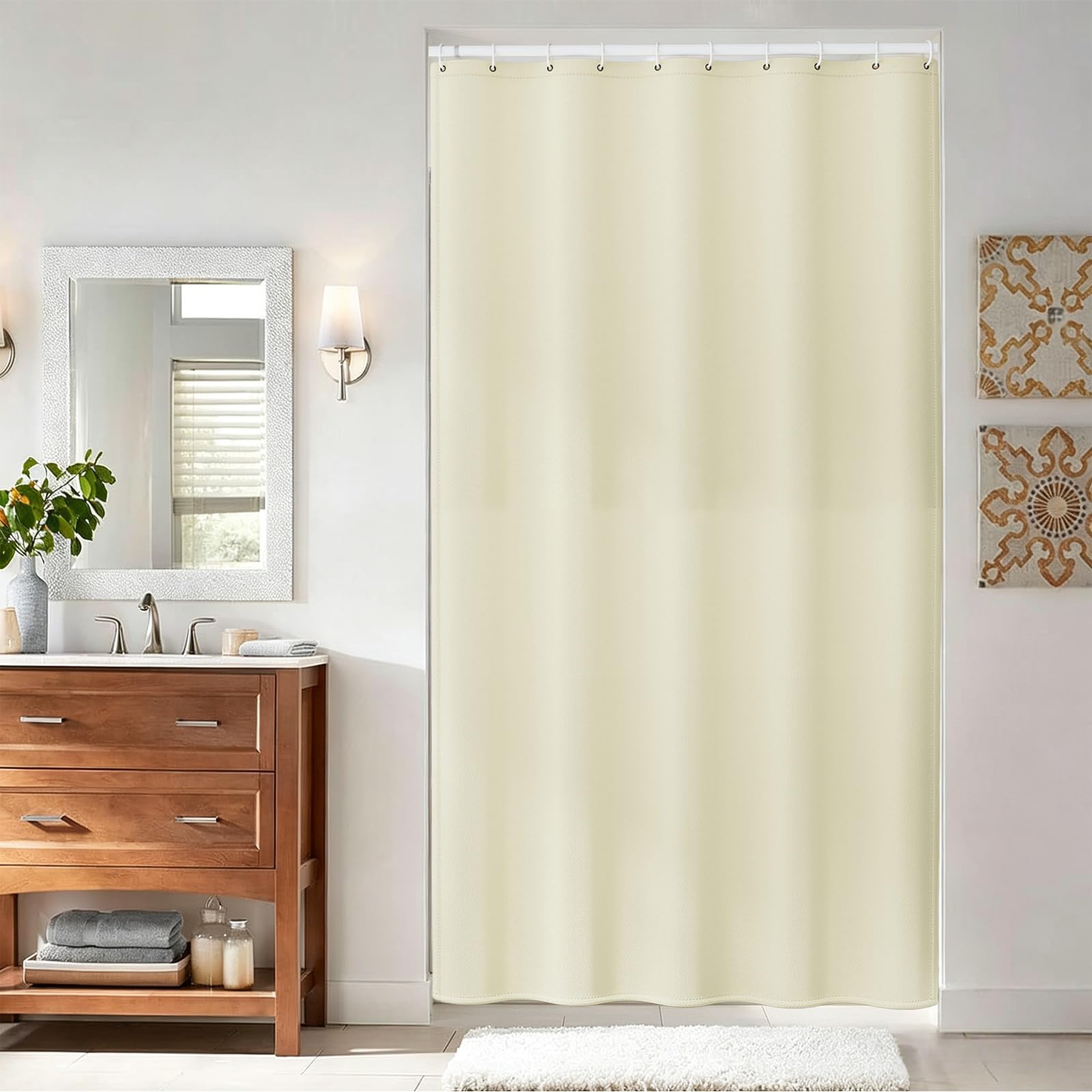 Rideau Douche 200 x 110 cm Rideau de Douche Court pour Salle de Bain Résistant à l'eau et à La Moisissure, Tissu Polyester Lavable en Machine, avec 12 Crochets, Couleur Crème