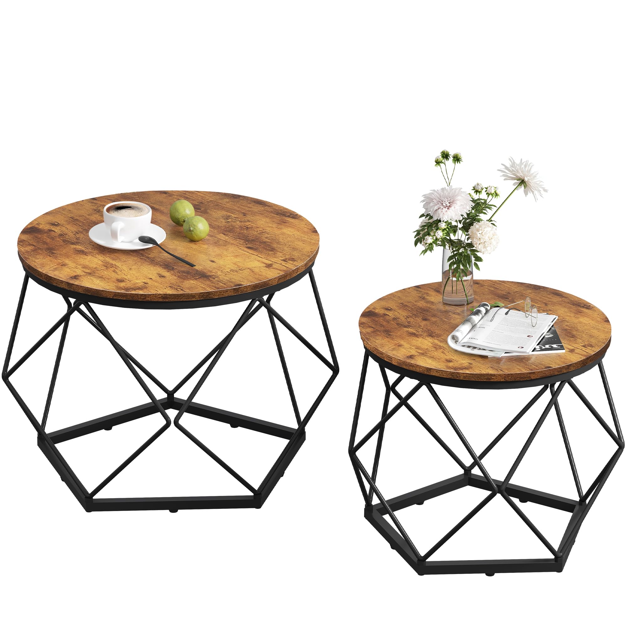 WLIVE Round Coffee Tables, Set of 2 Side Tables with Removable Wooden Tabletop, Robust Steel Frame, for Living Room, Bedroom, Rustic Brown