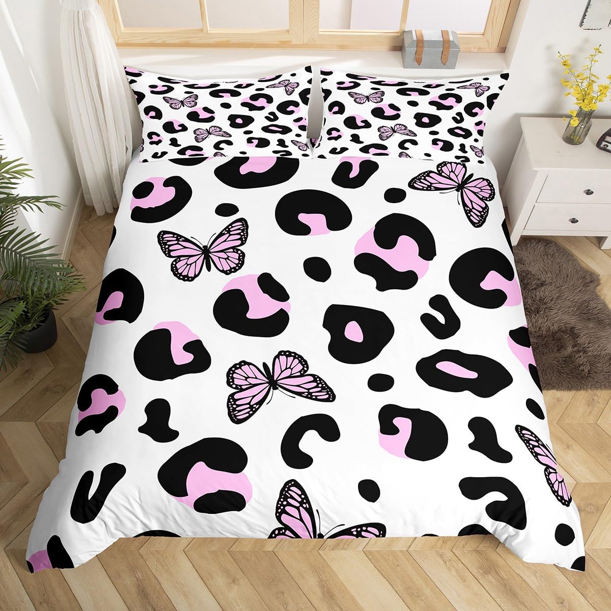 Homemissing Pink Leopard Print Duvet Cover Set Double Size Boys Girls Cheetah Butterfly Bedding Set Breathable Soft Animals Skin Duvet Cover 3Pcs Safari Bedroom Decor — image 1