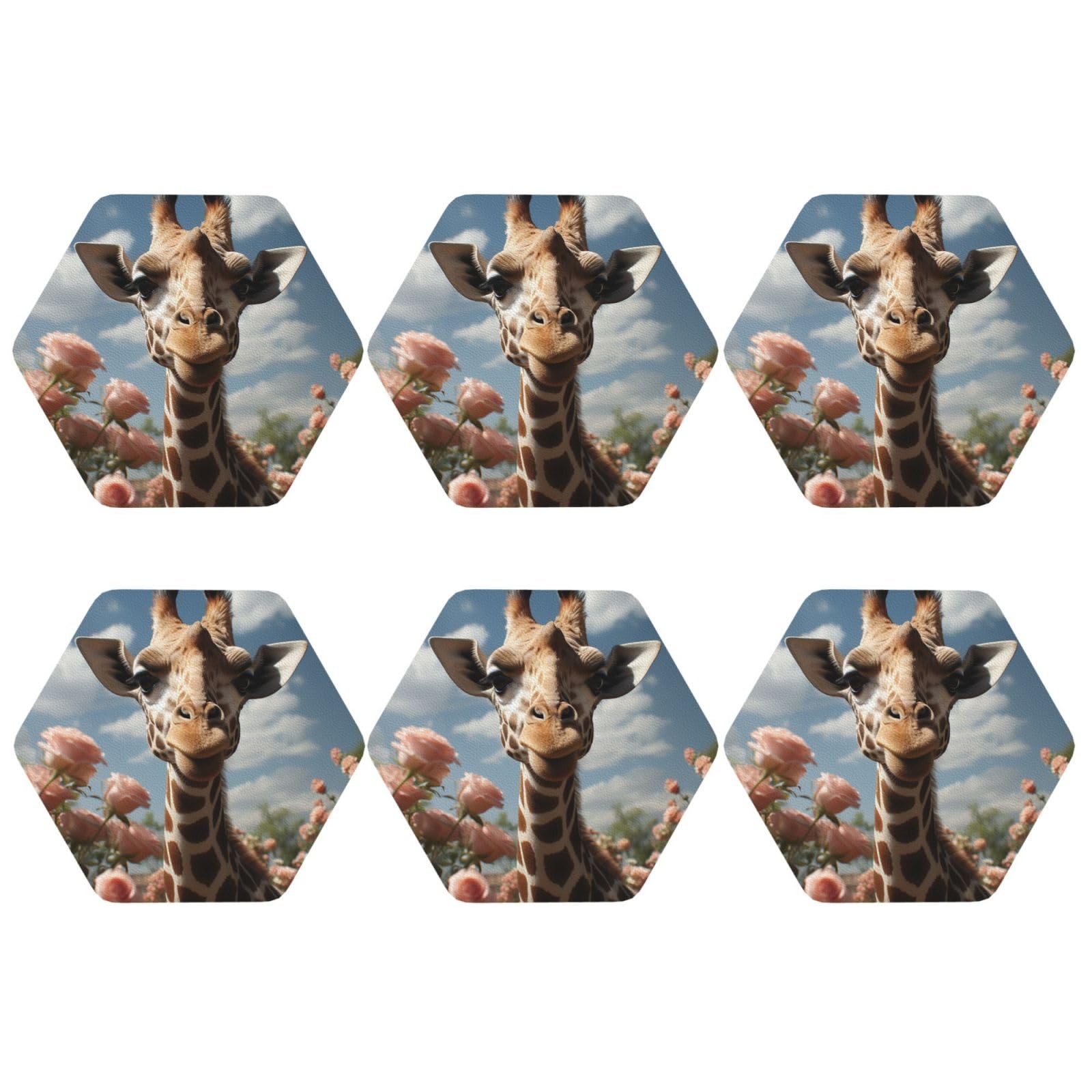 6pcs Leather Coasters for Drinks, Beautiful Giraffe Drink Coasters for Tabletop Protection, 4" Cup Coasters for Coffee Table Decor, Non-Slip Drinking Cup Mat for Hot Or Cold Drink