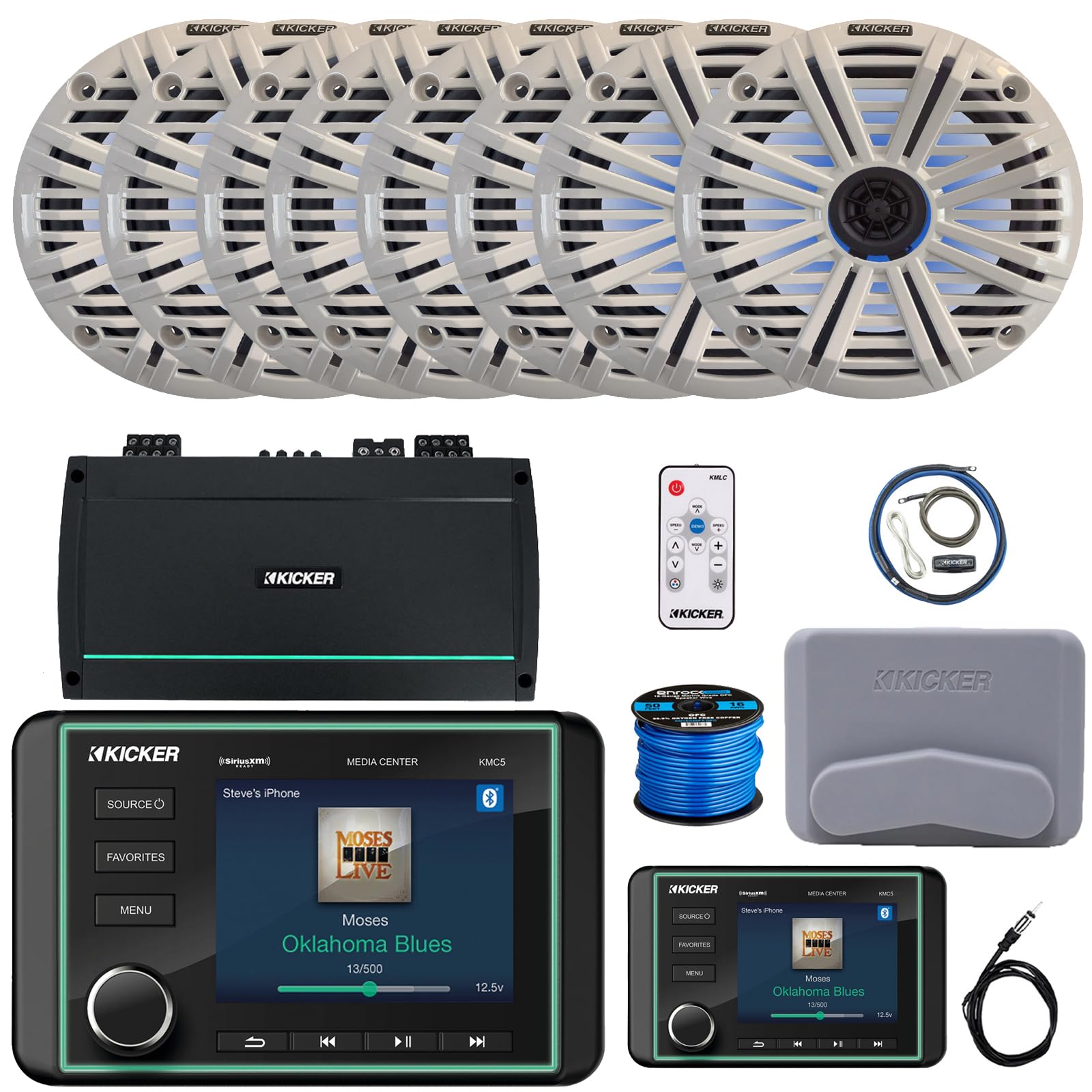 Kicker KMC5 3.5" Marine Bluetooth USB/AUX WB AM/FM Gauge Style Receiver W/Controller, 8X 6.5 195W Peak RGB LED Speakers W/White Grilles + LED Controller, 8-Channel Amplifier W/Kit, Antenna, Wire