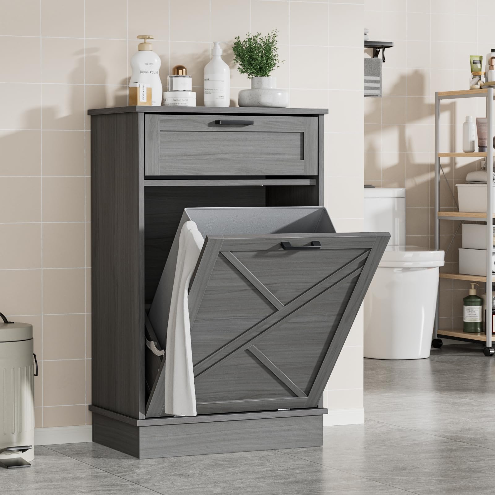 Armoire à déchets inclinable avec tiroir - 38 l - Poubelle étroite - Îlot de cuisine avec plan de travail - Armoire pour cuisine sans poubelle - Pour cuisine, salon, salle de bain