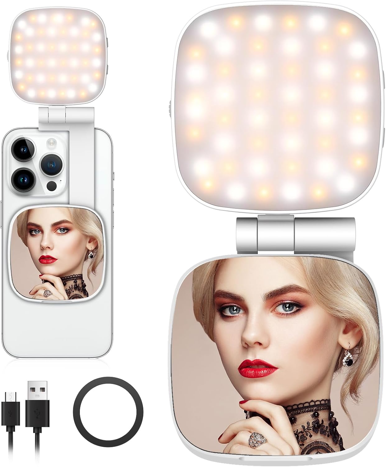 Magnetic Selfie Light Compatible for MagSafe iPhone, CRI 95+ 700lx/0.3m Folding LED Phone Fill Ring Lighting with Full Mirror for Zoom Makeup Photography Recording Video Conference TikTok (M27-White)