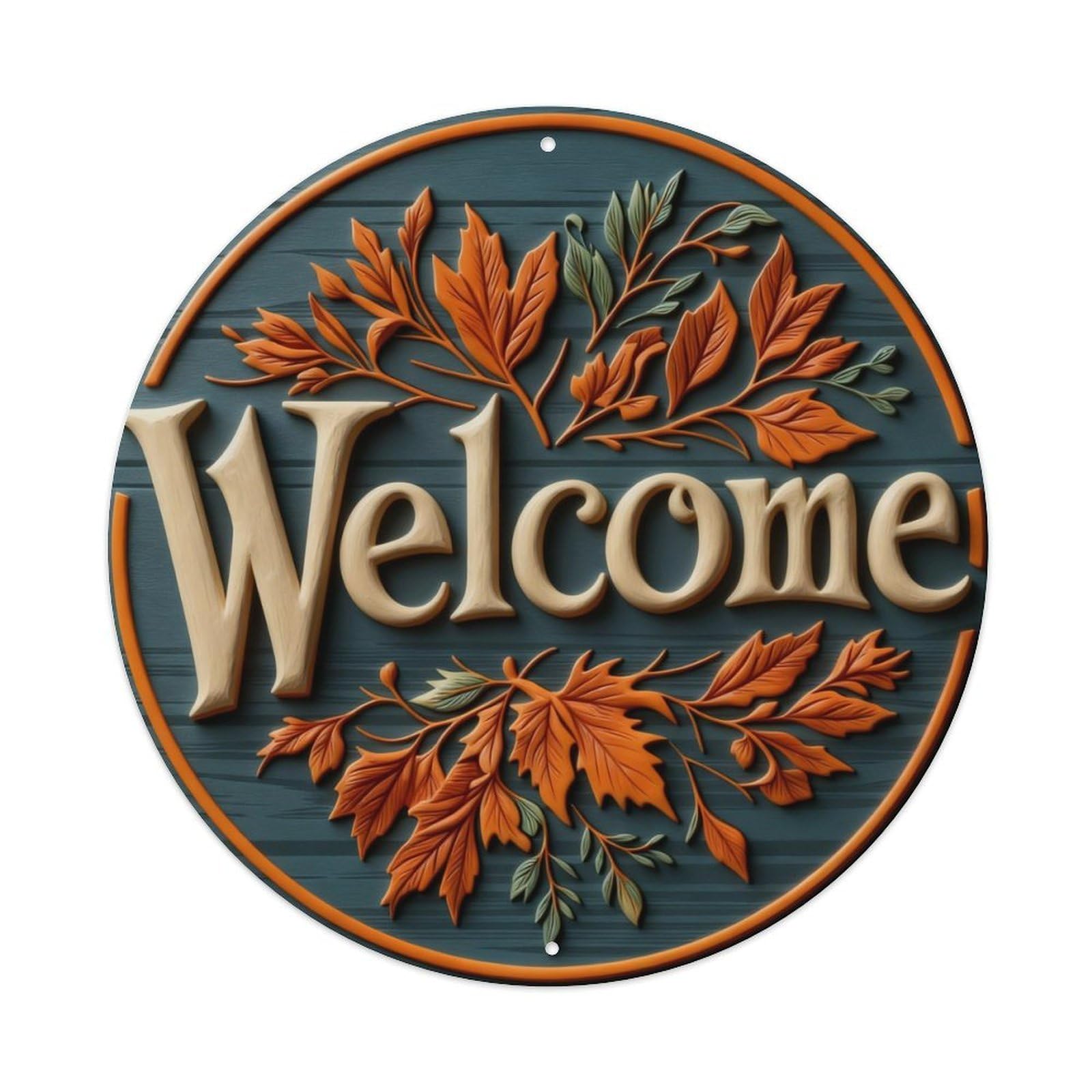 Autumn Leaves Welcome Sign Pattern(1) Round Metal Tin Sign Vintage Wall Decor, Bar Garage Cafe Kitchen Home Wall Art Poster 8x8inches