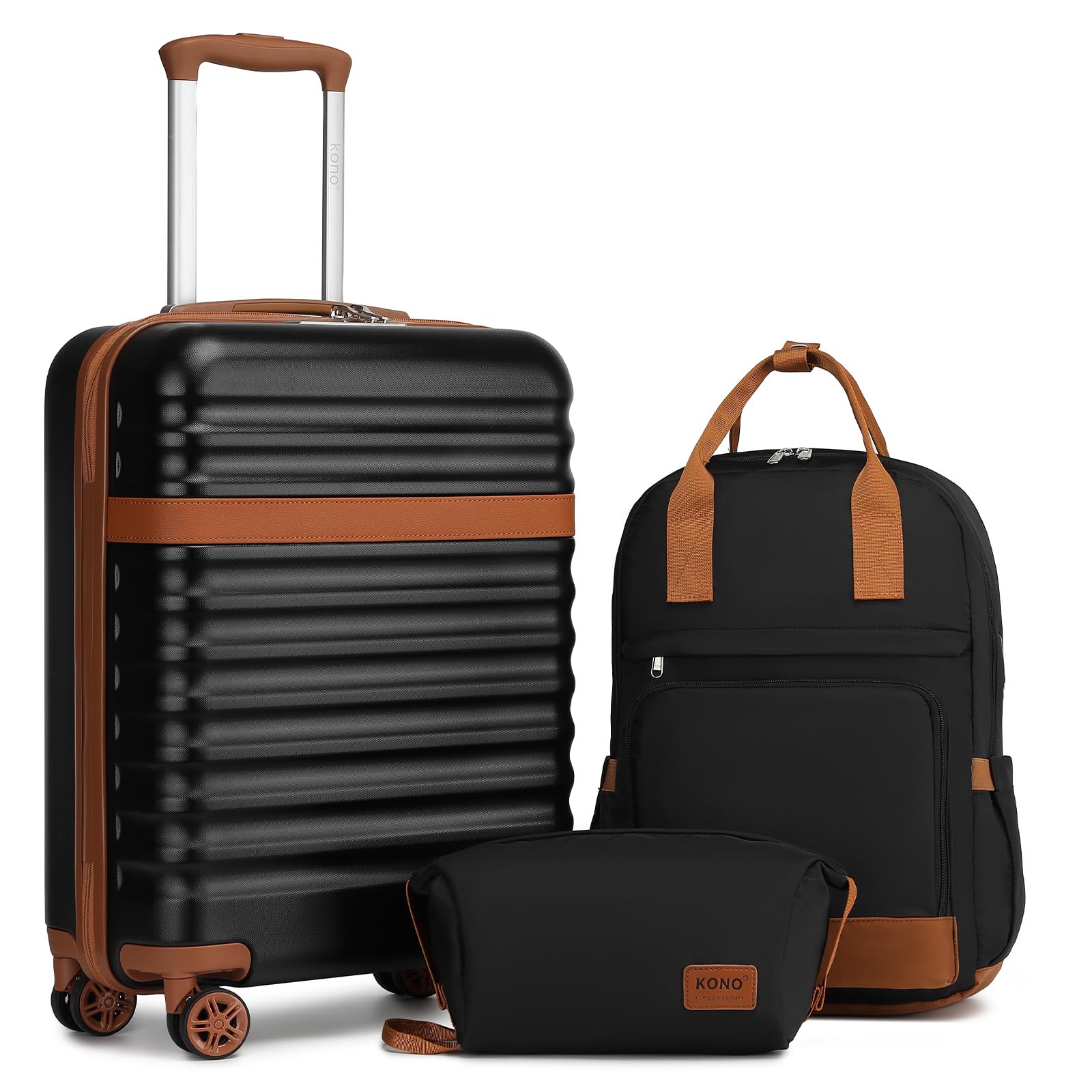 Kono Juego de Maletas de 3 Piezas Maleta de Mano ABS + PC rígida con Cerradura TSA y 4 Ruedas giratorias, 20 Inch Luggage Set, Maleta de Mano rígida Ligera para Cabina de Viaje（Negro/Marrón）