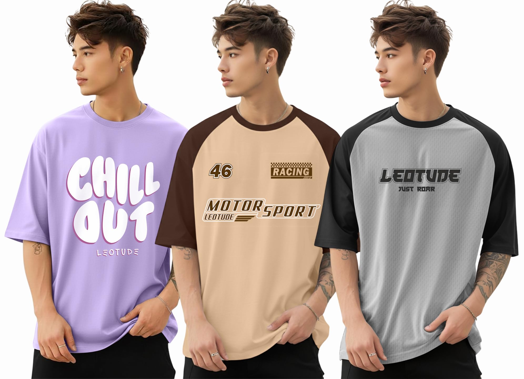 LEOTUDE Men Polycotton Classy Look Regular Fit Round Neck BEIGE_GREY - Image 1