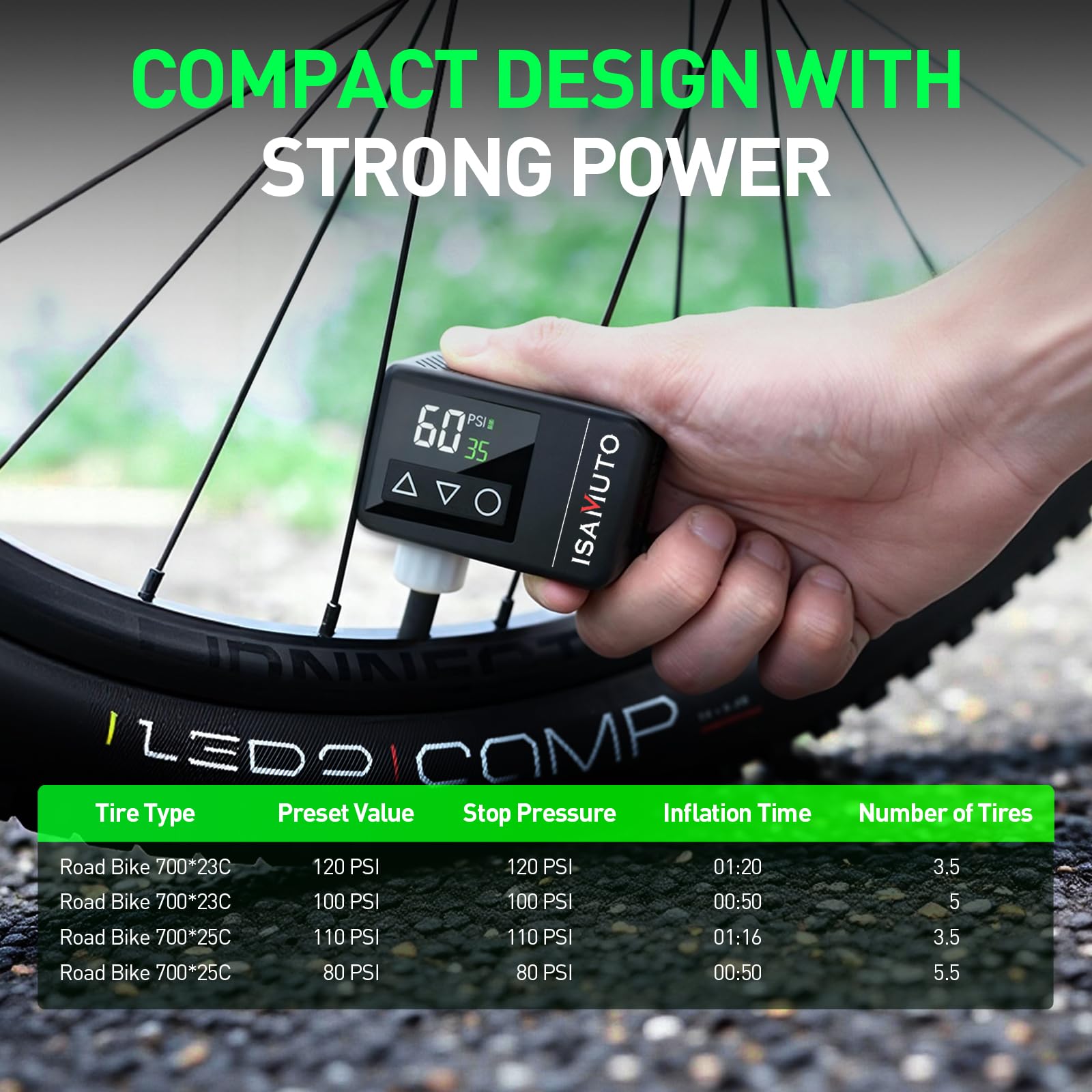 Mini pompa ad aria per bicicletta, portatile, elettrica, con manometro, max 120 psi, gonfiaggio rapido, spegnimento automatico, valvola Presta e Schrader, per bici da strada, mountain bike