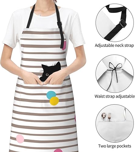 Miniatura 4 de Perinsto Delantal impermeable con 2 bolsillos, diseño de gato lindo a rayas, delantal impermeable con 2 bolsillos, delantales de cocina para