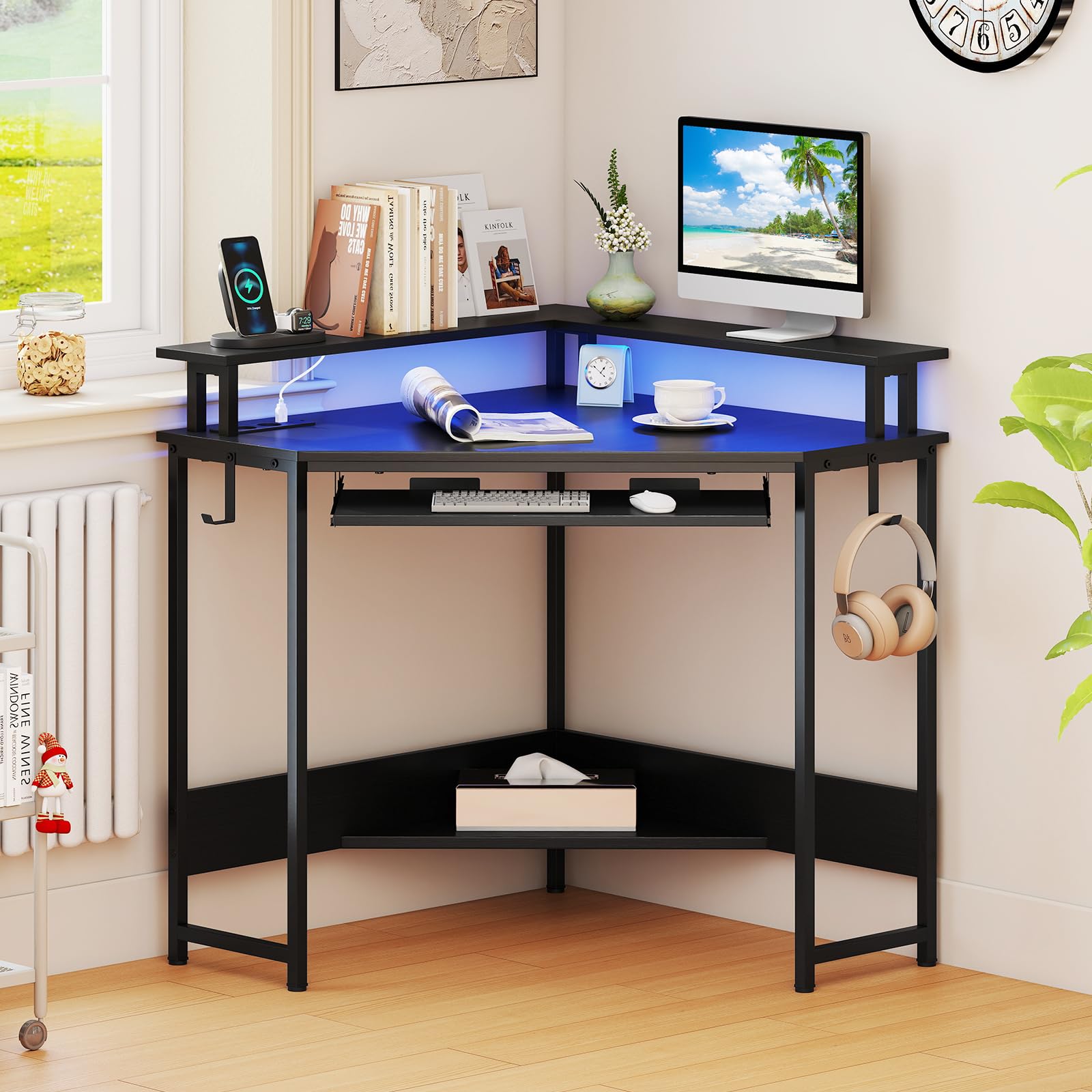 LIFEZEAL Scrivania angolare con luci LED, scrivania angolare con supporto per monitor e tastiera, tavolo da ufficio con stazione di ricarica USB tipo C e prese, telecomando (nero)