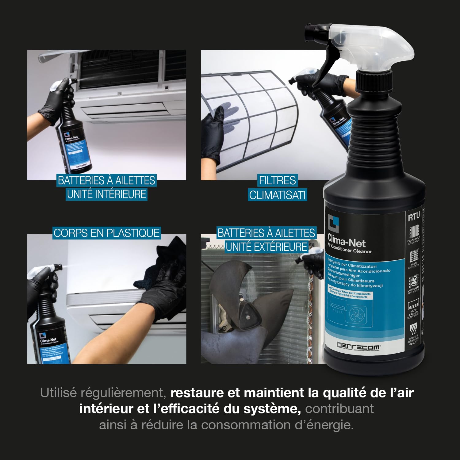 Errecom Kit Nettoyage Climatisation : JET GUN PRO+ Nettoyeur Haute Pression Portable, Clima-Net 1L Nettoyant Unité Intérieure/Extérieure, A/C Tabs Tablettes Climatisation, Housse Murale Wally, Gants