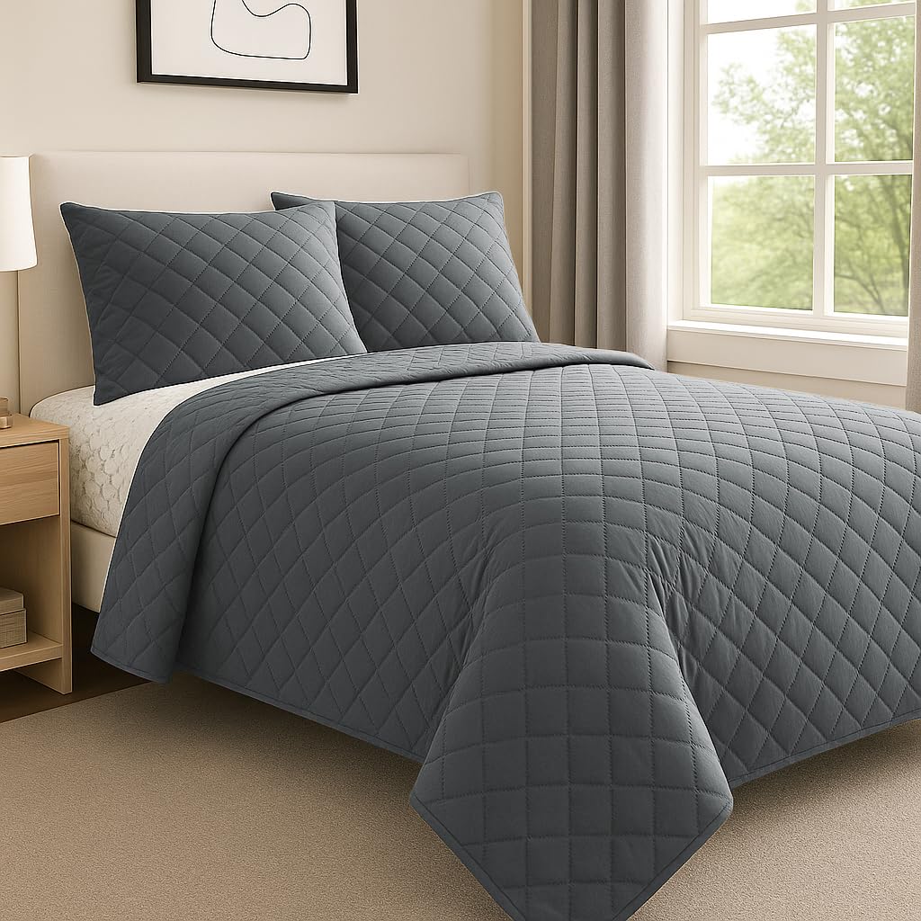 3 Piece Quilted Bedspreads Double Size - Embossed Ultra soft 3-Layer Comforter Bed throw Blanket with Matching Pillow cases