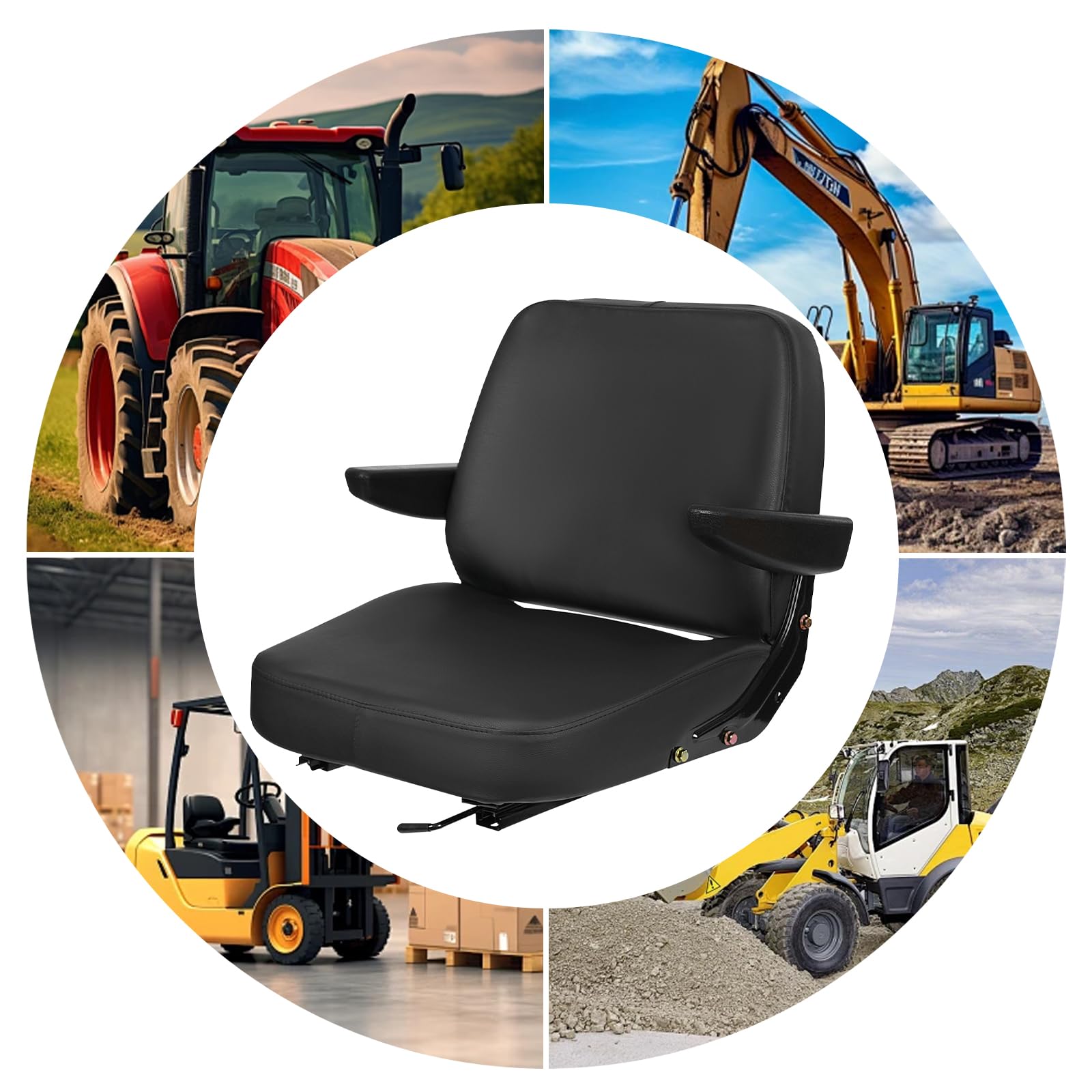 Siège universel de tracteur pour chariot élévateur avec dossier et accoudoirs réglables en éponge PU et cuir synthétique PVC, amovible, facile à monter, facile à nettoyer, 48 x 46 x 51 cm