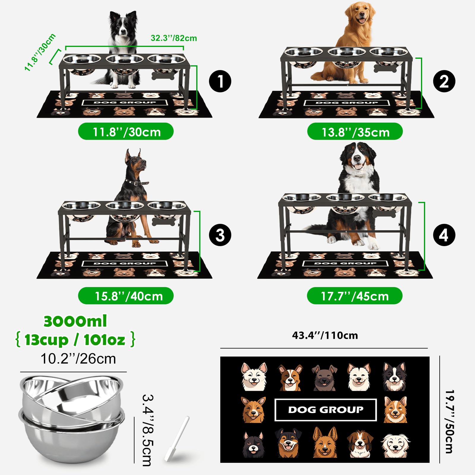 SHAINFUN Soporte elevado para cuencos para perros grandes y perros extragrandes con 3 cuencos de 101 onzas, 4 comederos elevados de altura ajustable con alfombrilla antiderrames, estación de alimentos