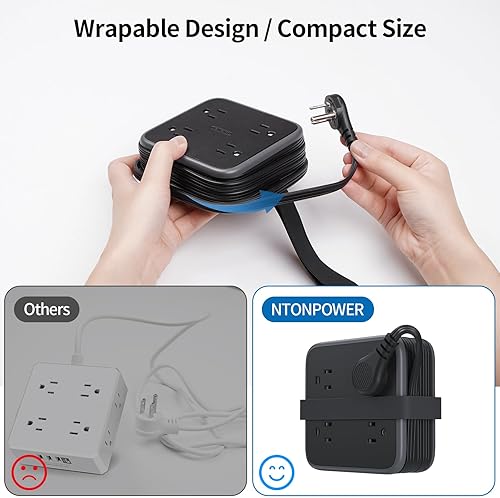 Miniatura 8 de NTONPOWER Cable de extensión plano, 8 tomas amplias, regleta de enchufe plano negro con 3 puertos USB (1 USB C), regletas de alimentación montadas