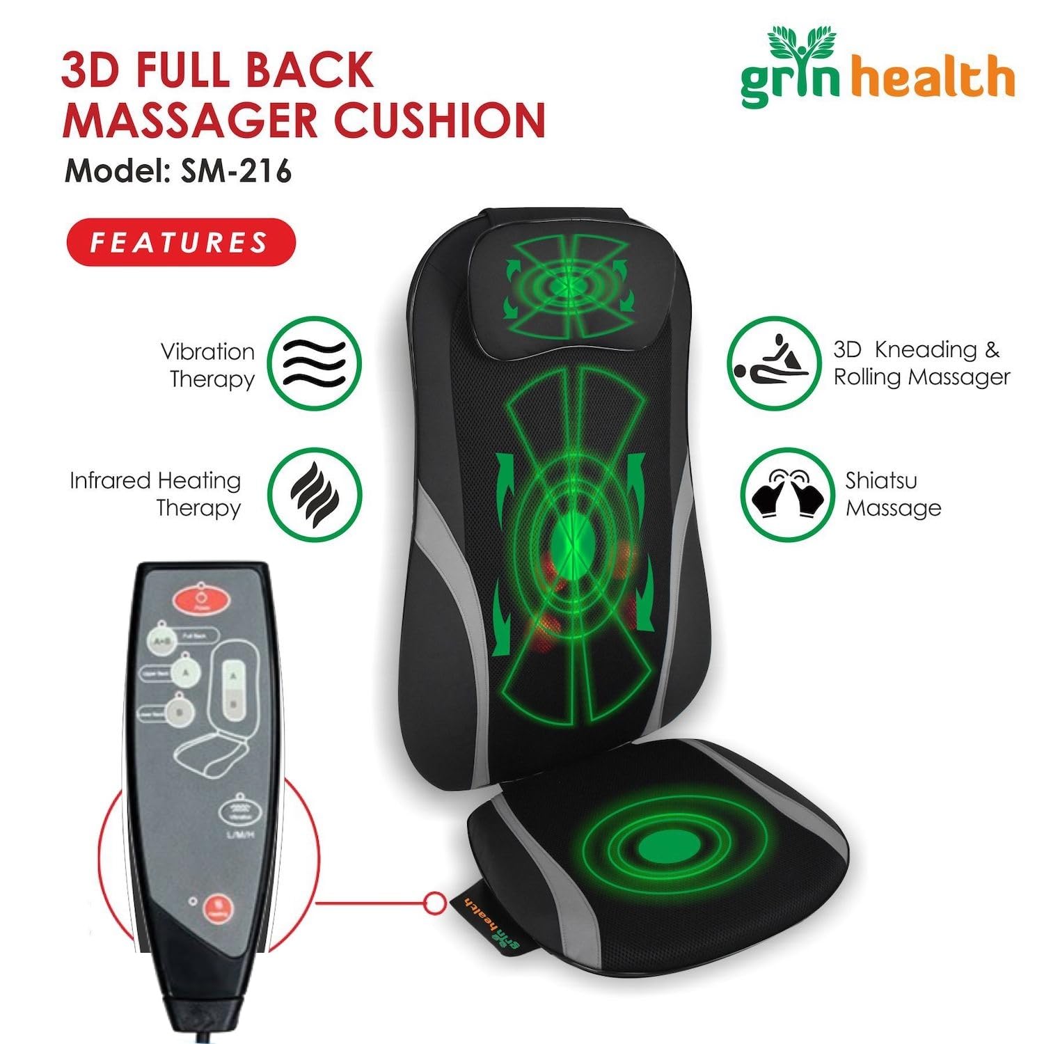 Grin Health Shiatsu Full Back Massager, 3 Zones Massage Cushion For Back- Full Body Massage Machine For Pain Relief, Kneading Rolling Massager for Relaxation Muscle Pain Relief (GH216A) - Image 2 thumbnail