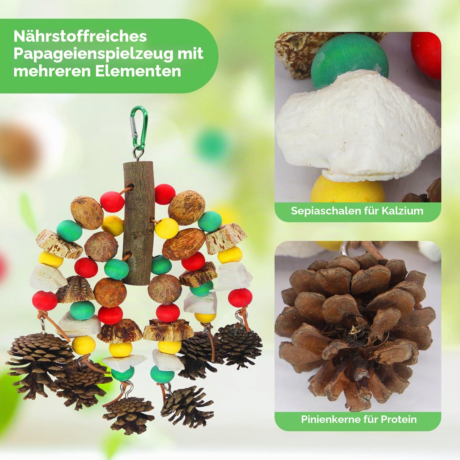 MQUPIN Papageienspielzeug, nussiges, nährstoffreiches Vogelspielzeug, natürliches hölzernes Beißspielzeug für Papageienkäfige, mit Tintenfischknochen, Kiefernzapfen, hölzernen Mangos und Karambole