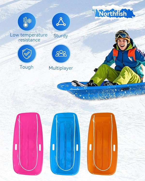 3 Pack Snow Sled for Adults, with Pull Rope and Handles Plastic Sled, Toboggan Snow Sledding, Three Color Combinations by Northfish - Image 7