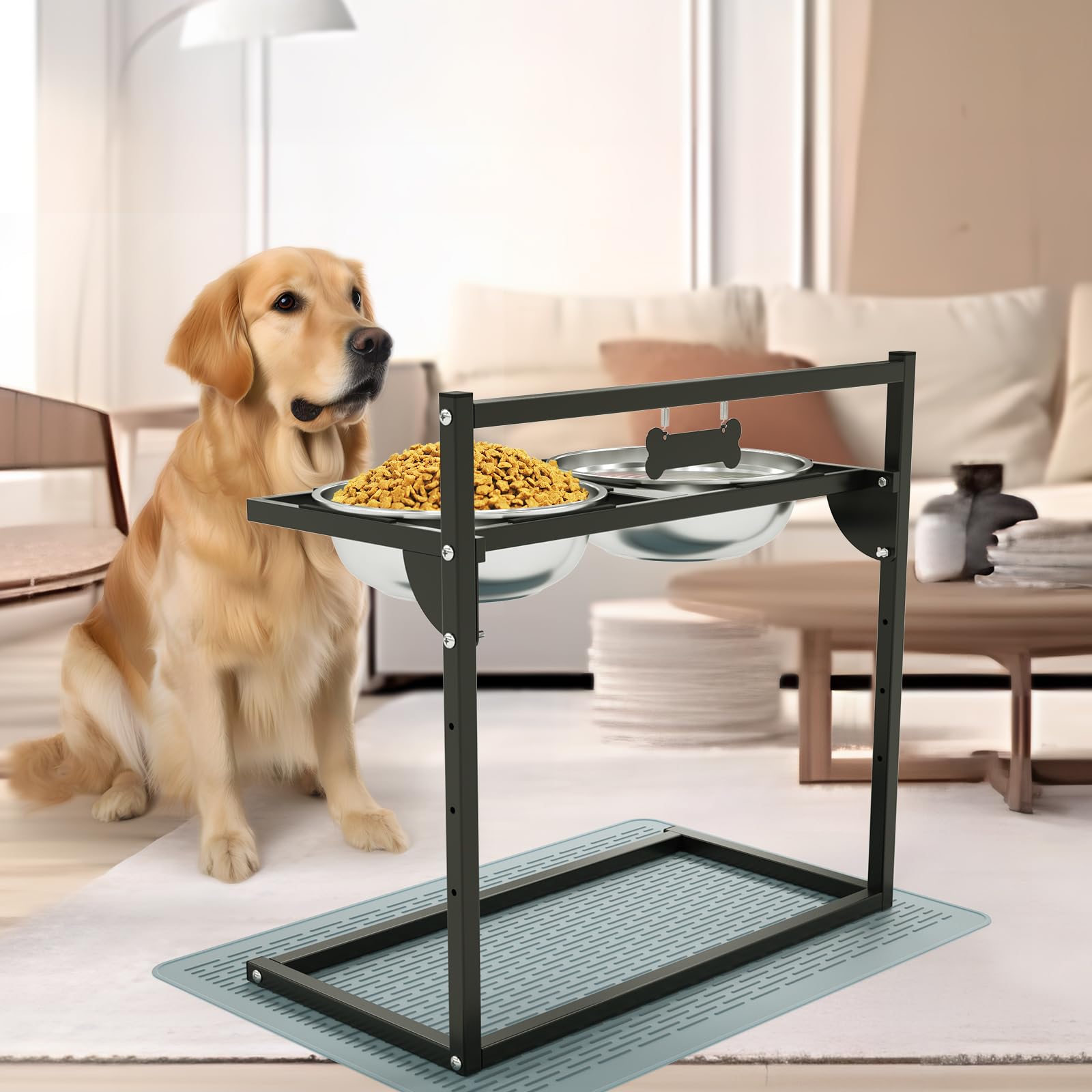 Comederos Elevados para Perros con 4 Alturas Ajustables e Inclinación de 10°, 2 Boles de Acero Inoxidable (3L x 2) y Alfombra Antiderrames, Perros de Raza Gigante, Grande y Mediano