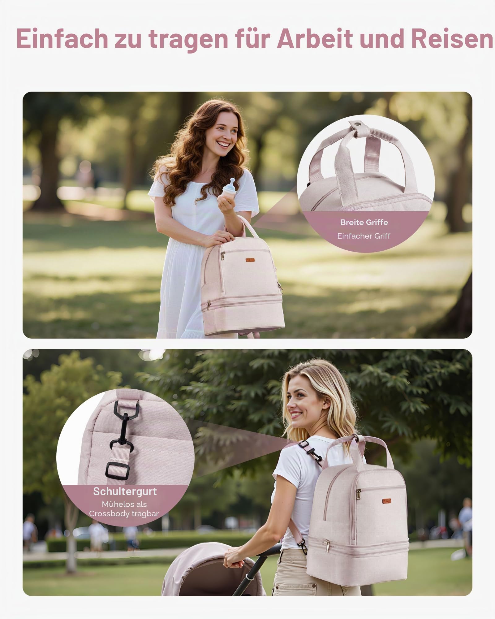 VEVOR Milchpumpen-Rucksack, 270x240x340 mm, mit Kühlakku, passend für S1/S2, Pumpzubehör & Muttermilchaufbewahrung, Wickel Rucksack für Arbeit, Reisen & Familiengebrauch, Hellrosa