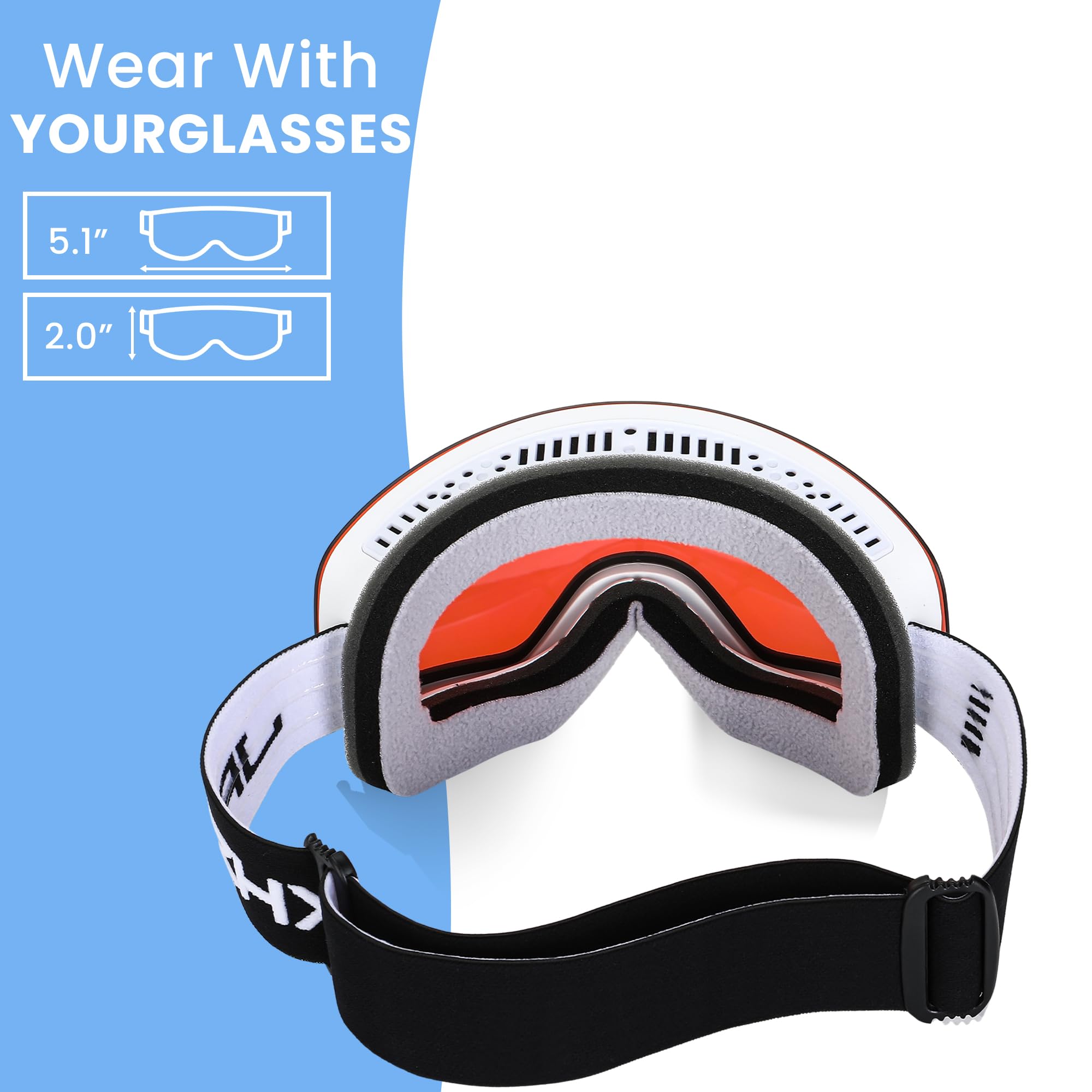 JRZHX Premium Kids Ski Goggles, Anti-Fog Snowboarding Goggles with UV400 Protection, Anti Slip Silicone Elastic Strap (White Ice Blue, One Size)