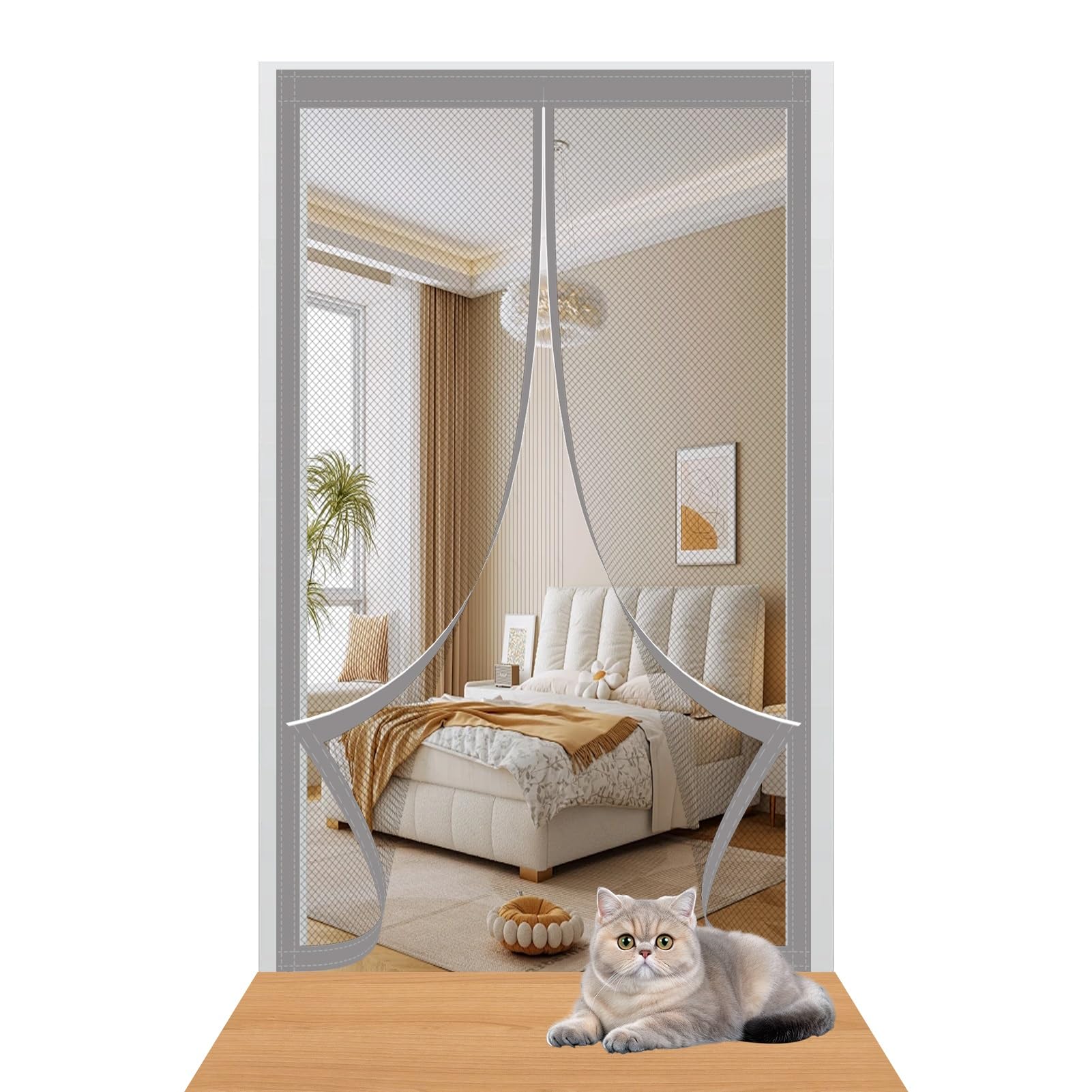 Mosquito Door Net Magnetic 136 x 206 cm Easy to Install Without Drilling Door Fly Screen Curtain with Powerful Magnets/Full Frame Magic Tape for Home Office Balcony Patio Garden, Grey