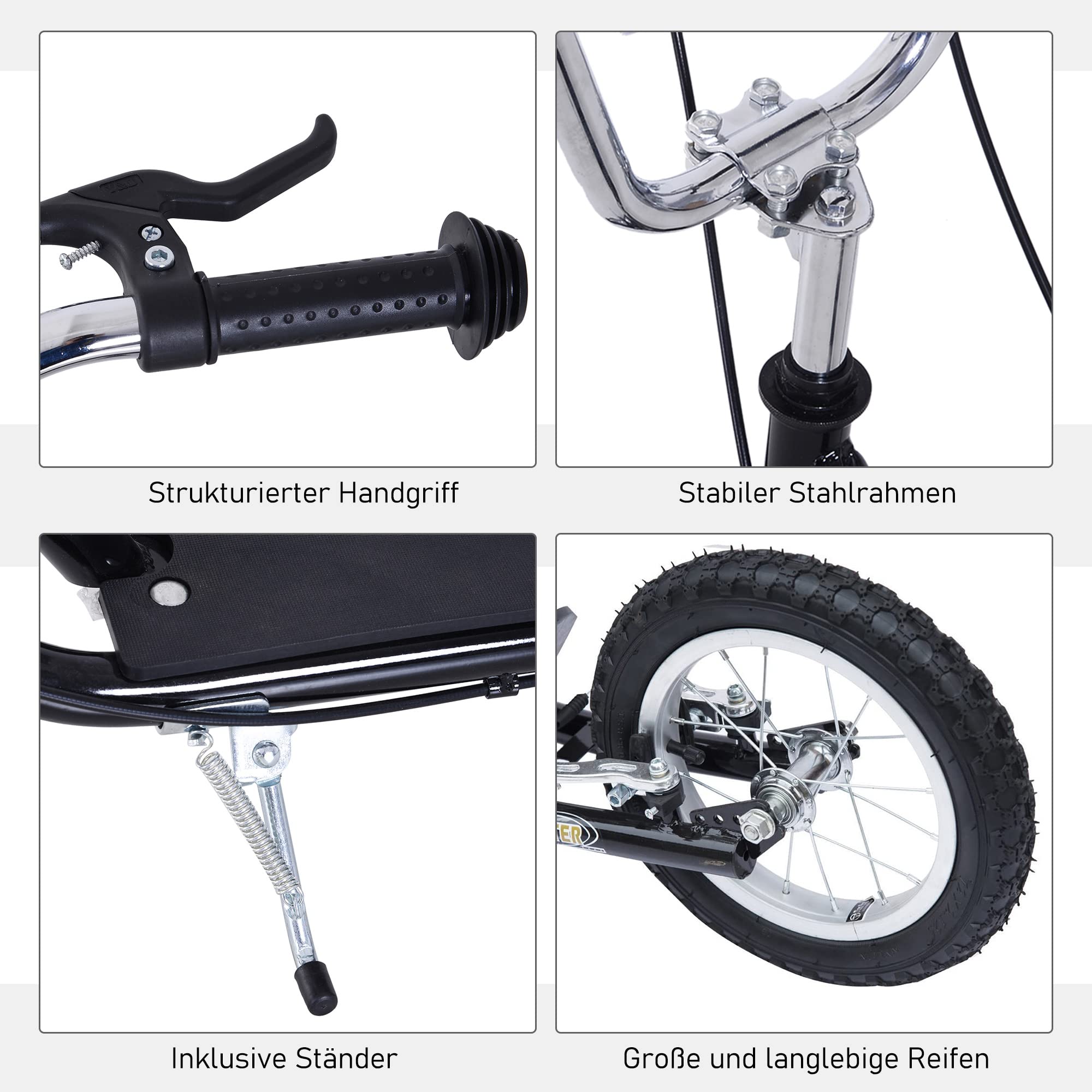 HOMCOM Roller Kinderroller mit Luftreifen Handbremse, 16 Zoll Tretroller Höhenverstellbar Kickscooter für Jungen und Mädchen ab 5 Jahre Kickboard Cityroller Kinder Scooter Schwarz