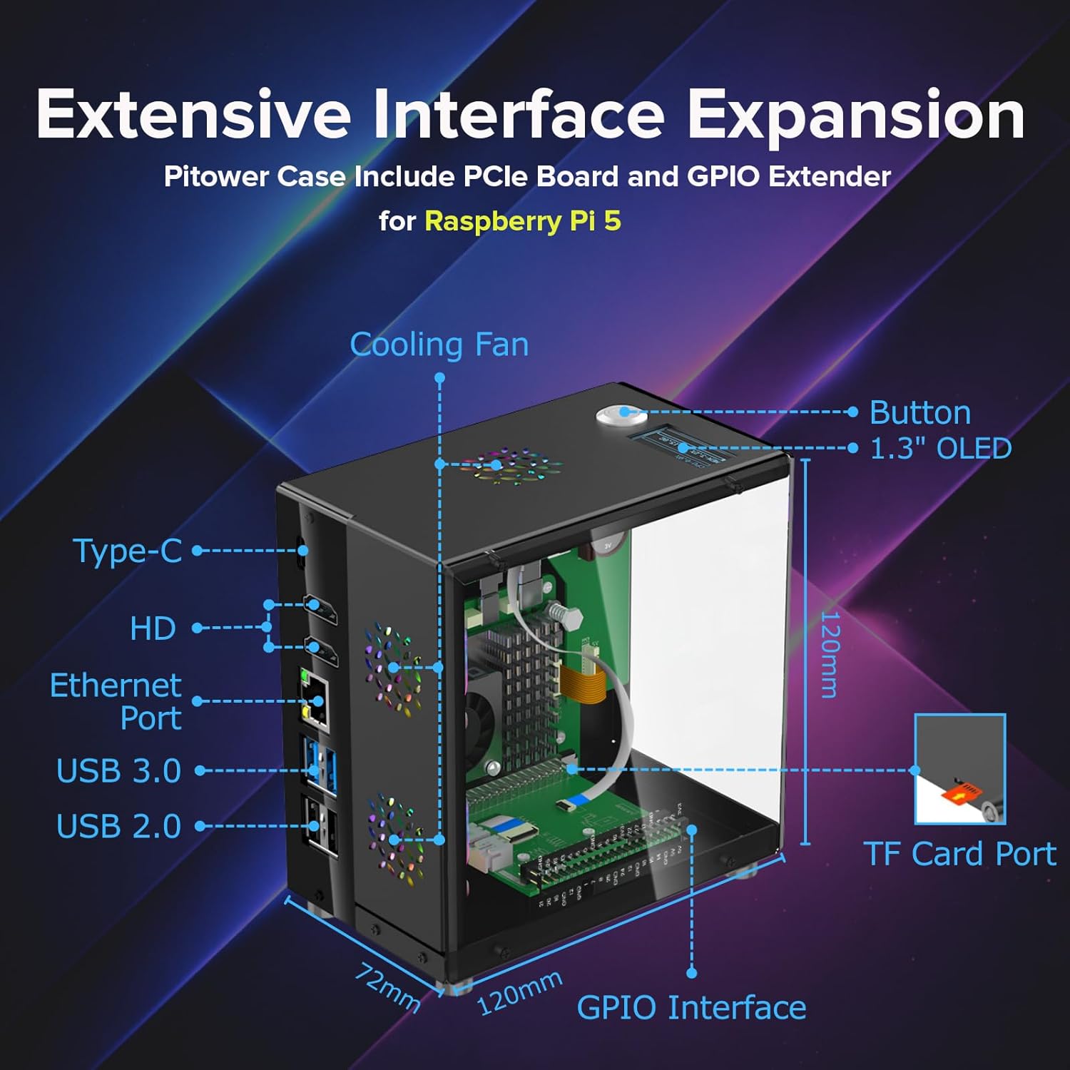 iUniker PiTower Aluminum Mini Tower Case for Raspberry Pi 5 with 1.3" OLED Display, Triple RGB Cooling Fans, NVMe SSD & PCIe Support, Safe Shutdown Power Button, RTC, All Ports Accessible