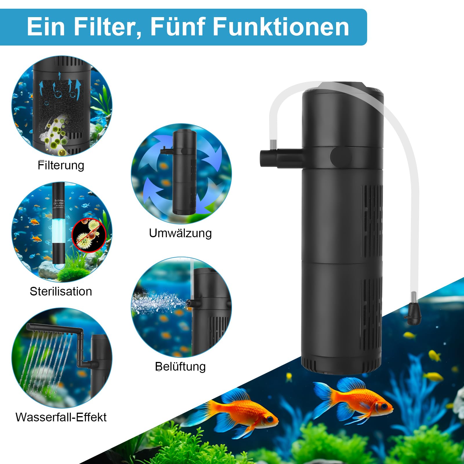Aquarium Innenfilter mit UV-Sterilisator & Timer, 5-in-1 Filterpumpe mit Belüftung & Regendusche, 800 L/H, Geräuscharm, für Süß- & Meerwasser, passend für 80–267L Aquarien