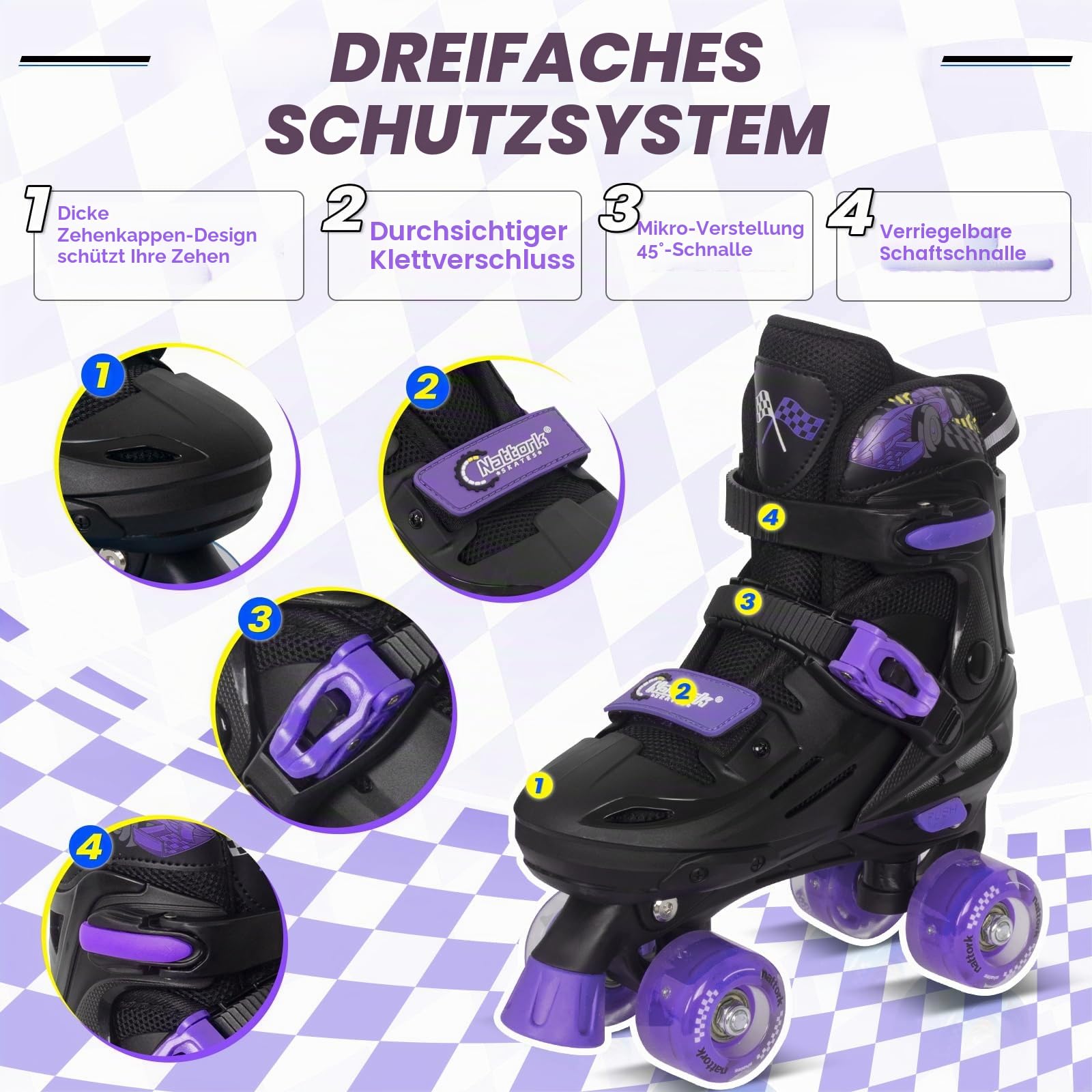 Nattork Rollschuhe Kinder, Verstellbare Rollschuhe für Kinder Jungen Mädchen, 4 Größen Verstellbar und LED Rollschuhe, Rennwagen Roller Skates Geschenkidee für Geburtstage