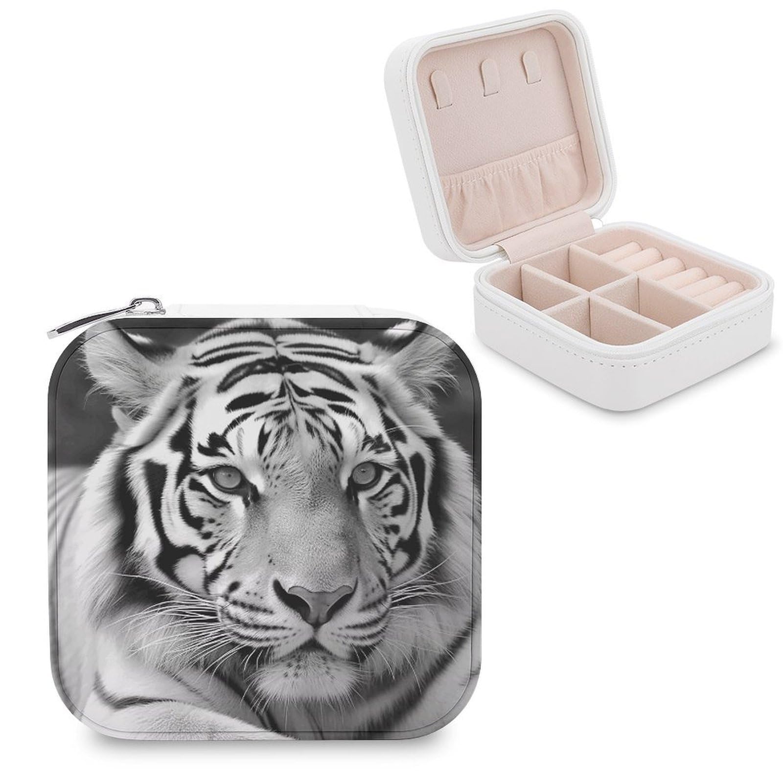 FekiLoot Black White Tiger Jewelry Case Personalized Leather Jewelry Box Mini Travel Jewelry Case Small Portable Jewelry Organizer for Ring Earrings Necklace Bracelet