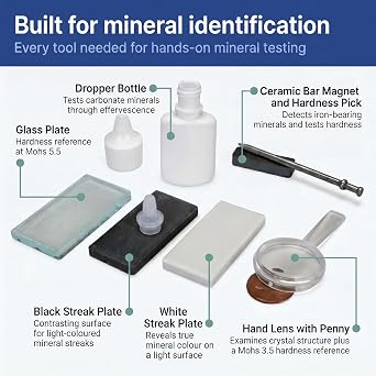 United ScientificTM Mineral ID Kit, 7 Piece Geology Rock Testing Tools | Mohs hardness testing, Streak plates included, Magnetic identification, Hand lens magnifier, Field work ready, Geologist kit