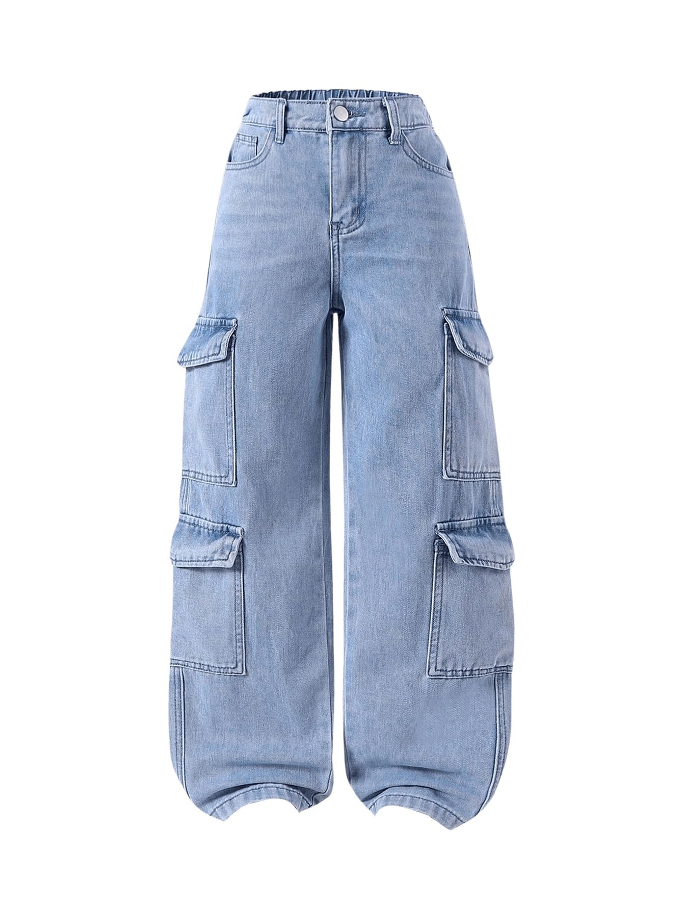 Floerns Pantalones de mezclilla de cintura elástica para niña, holgados, pierna ancha, con bolsillo con solapa