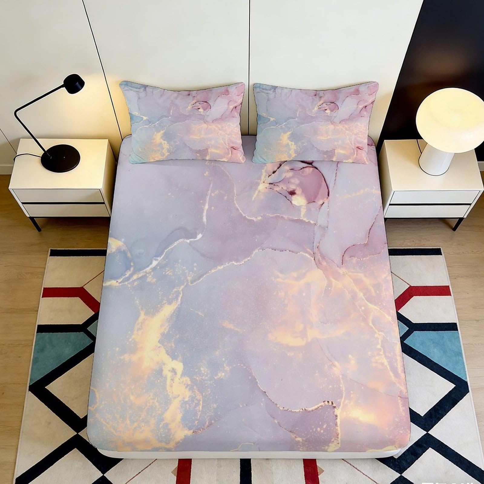 3D Printed Purple Marble Fitted Sheet Microfiber Soft Breathable Abstract Pattern Mattress Cover for Bedroom Dormitory Guest Room Protection Decor 120x200x25cm