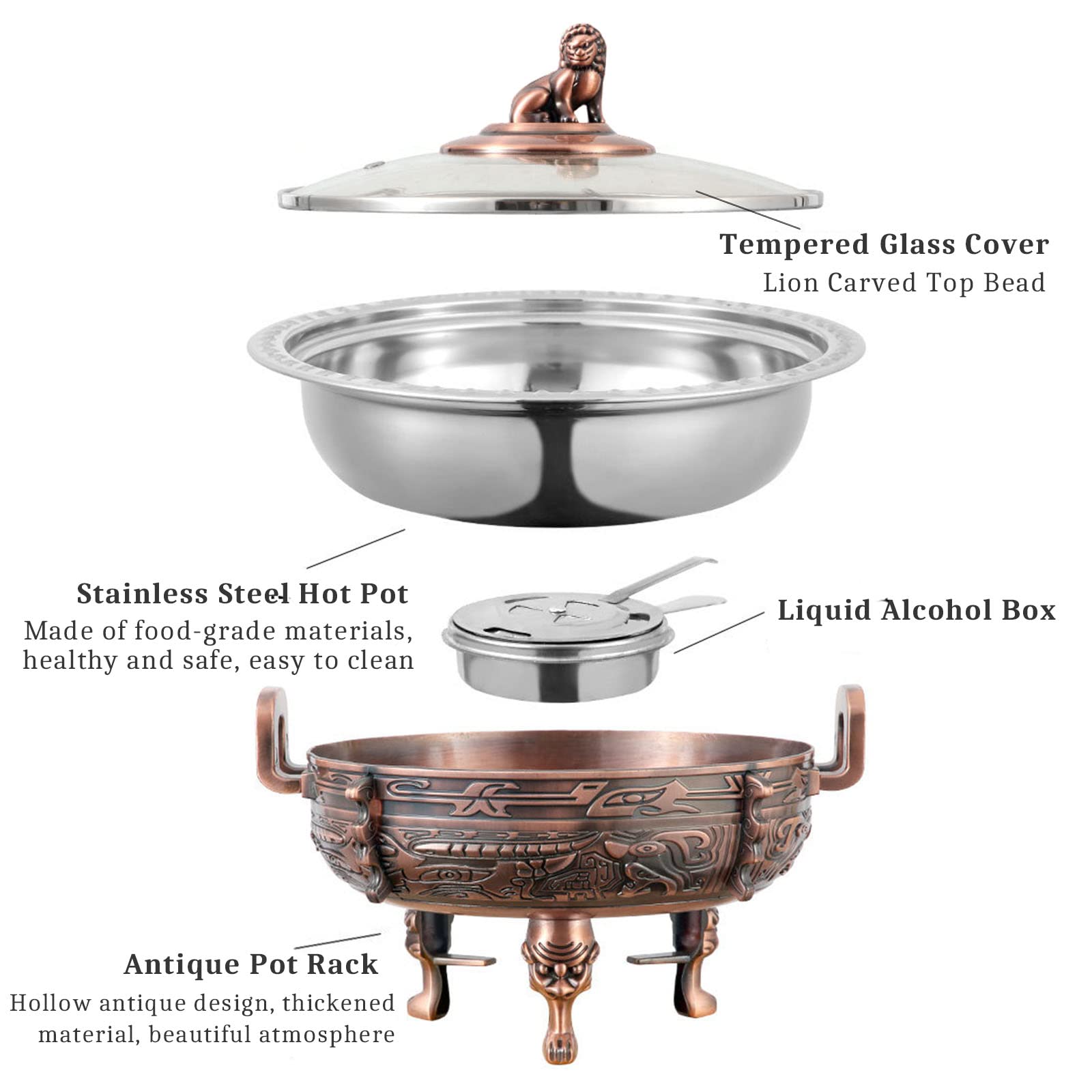Scaldavivande e scaldavivande – Confezione da 2/4 Chafer rotondi per catering e buffet per cucina, feste, sala da pranzo buffet, finitura bronzo rosso, include padella e supporti per uel