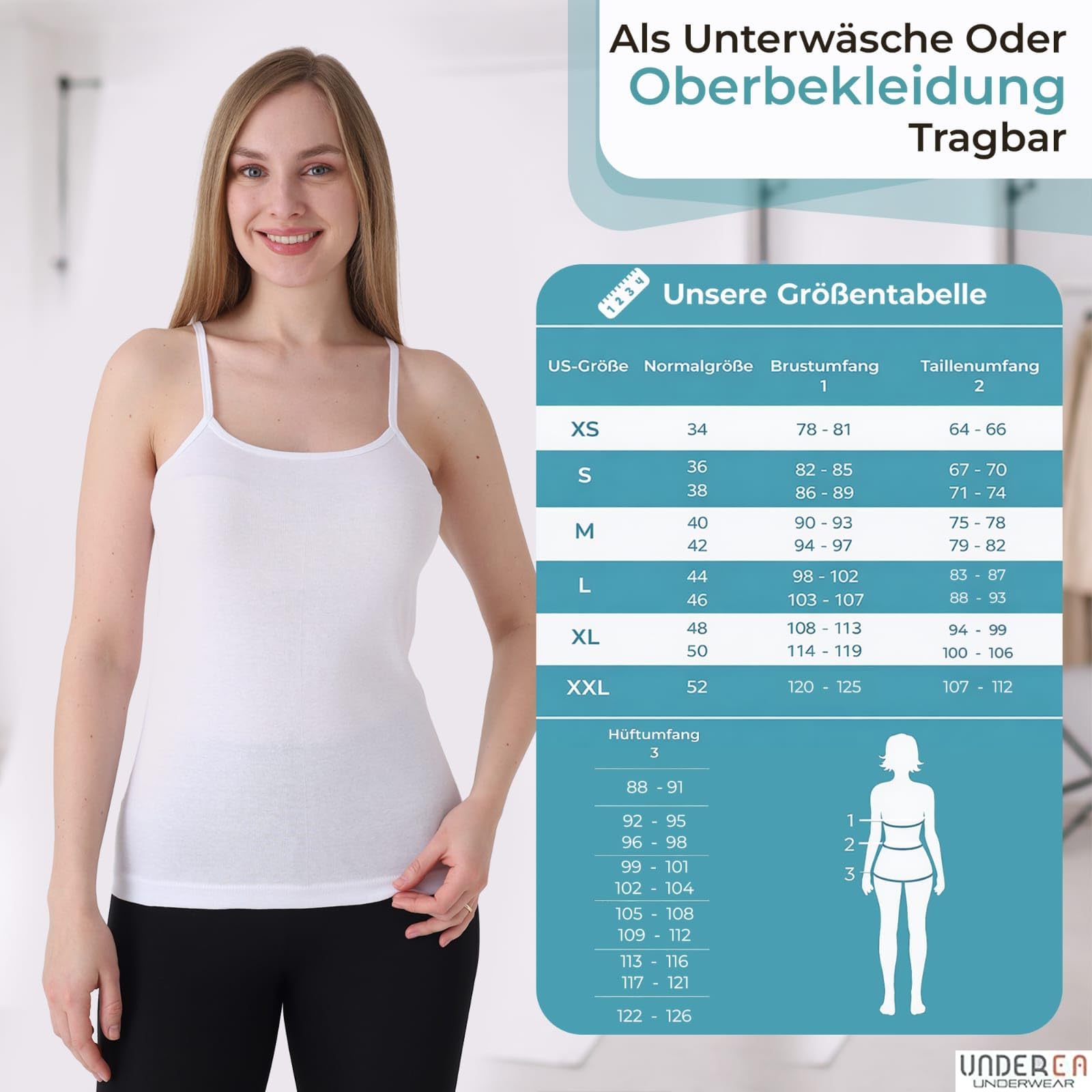 UNDERA - Pack de 3 camisetas interiores para mujer, 100% algodón, tirantes delgados, suave, transpirable, para uso diario, ocio y ropa interior