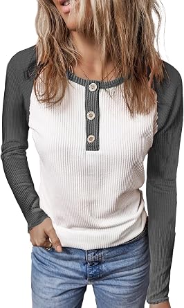 KINLONSAIR Women Raglan Long Sleeve Crew Neck Tunic Regular Fit T-Shirts Color Block Fall Button Down Henley Shirts