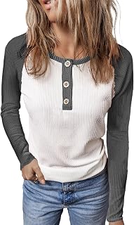 KINLONSAIR Women Raglan Long Sleeve Crew Neck Tunic Regular Fit T-Shirts Color Block Fall Button Down Henley Shirts