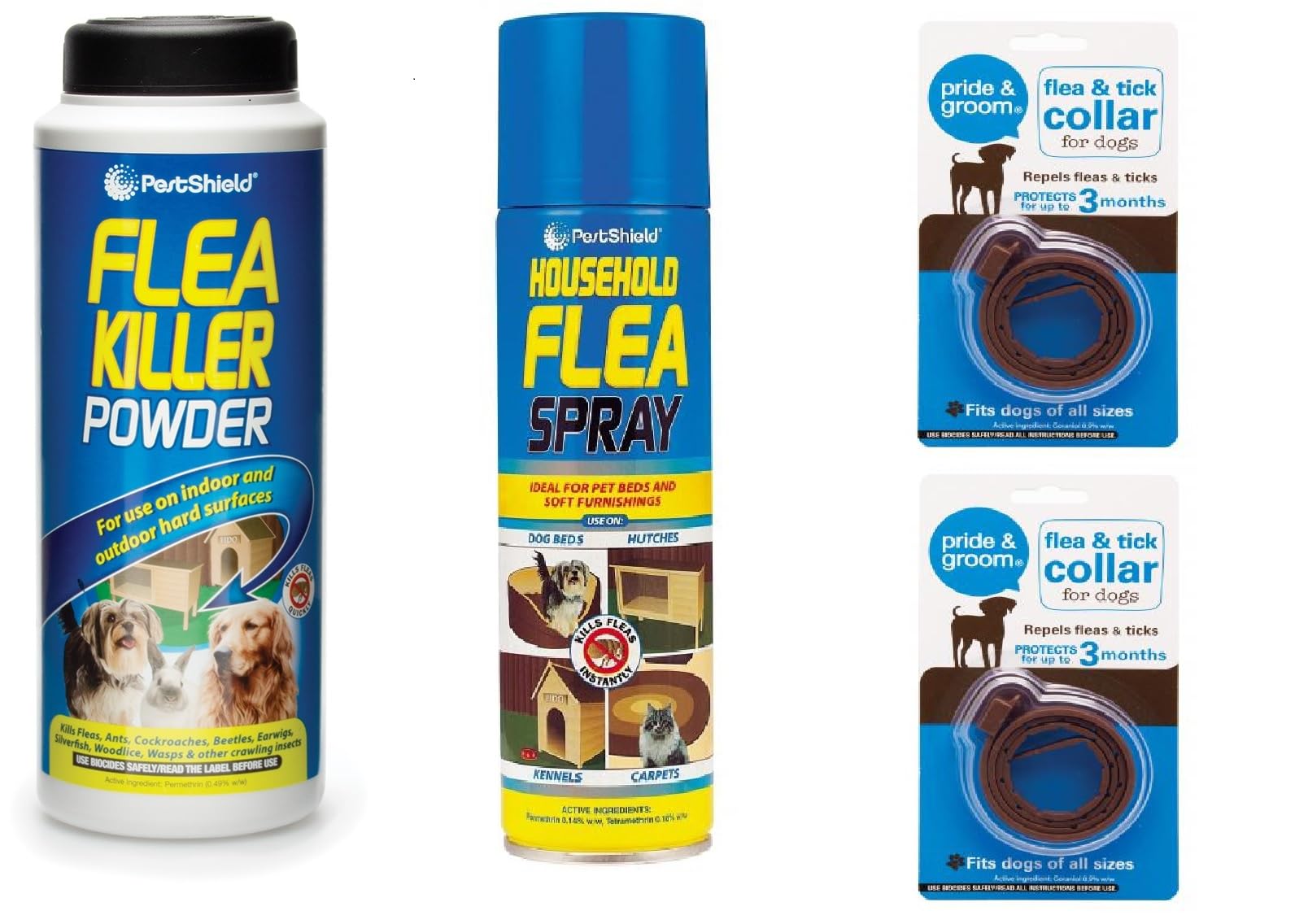 4 Pack Includes Flea Killer Powder + Aerosol Flea Killer Spray + 2 Piece Flea Tick Collars - Animal Flea Dog Tick Lice