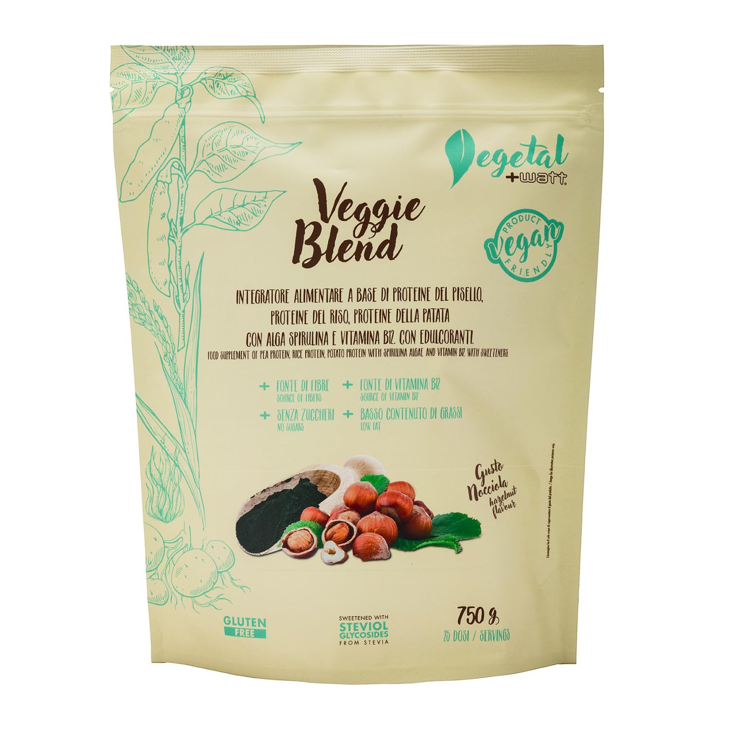 Veggie Blend 750 g - Proteine vegetali del pisello, del riso e della patata. Con spirulina e vitamina B12-100% vegetale e vegan - Gusto nocciola