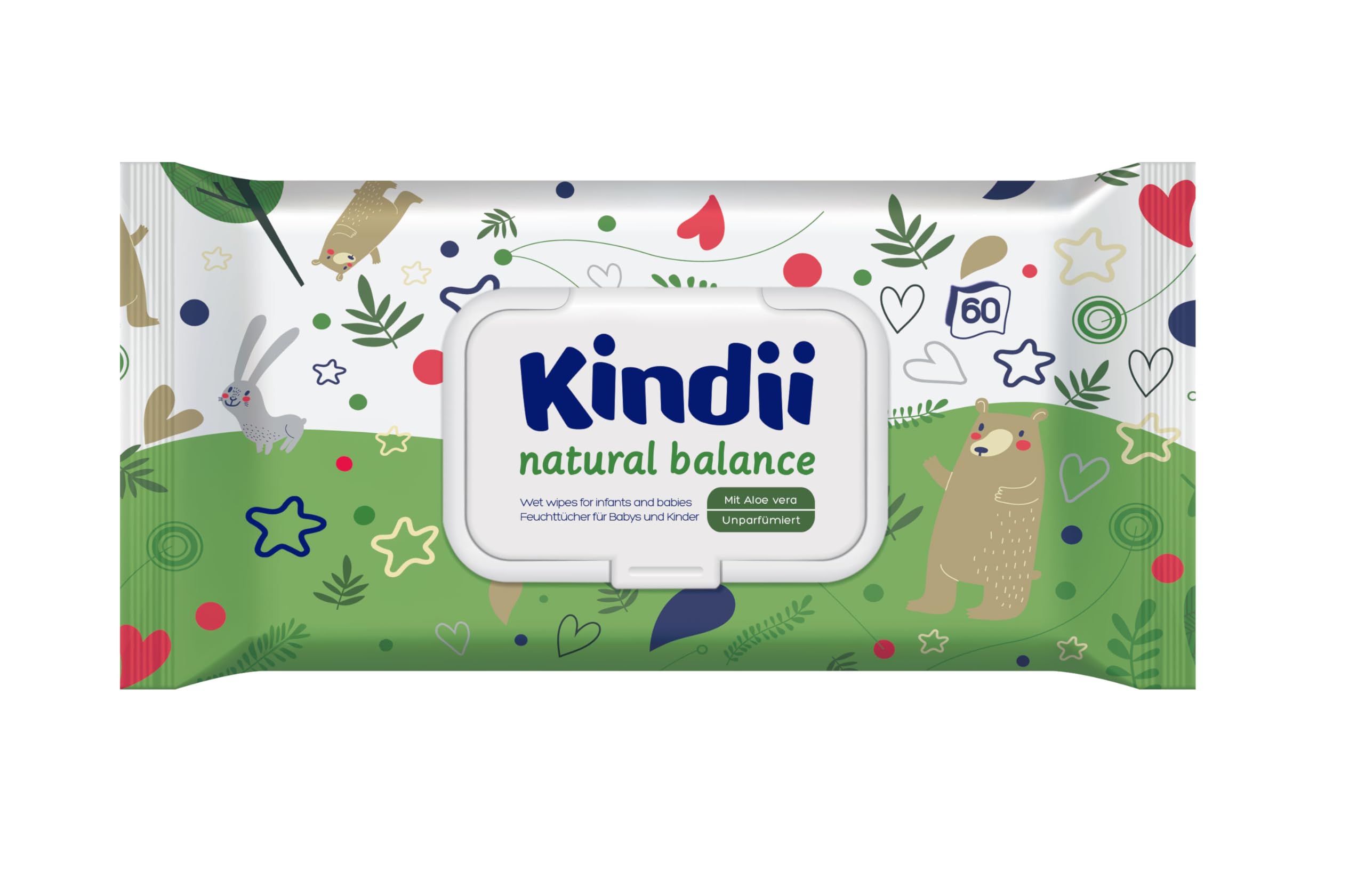 Kindii Natural Balance Feuchttücher – (1x60 Stück) Feuchttücher für Babys und Kinder – schützend, Aloe Vera, zarter Duft – 60 Stück