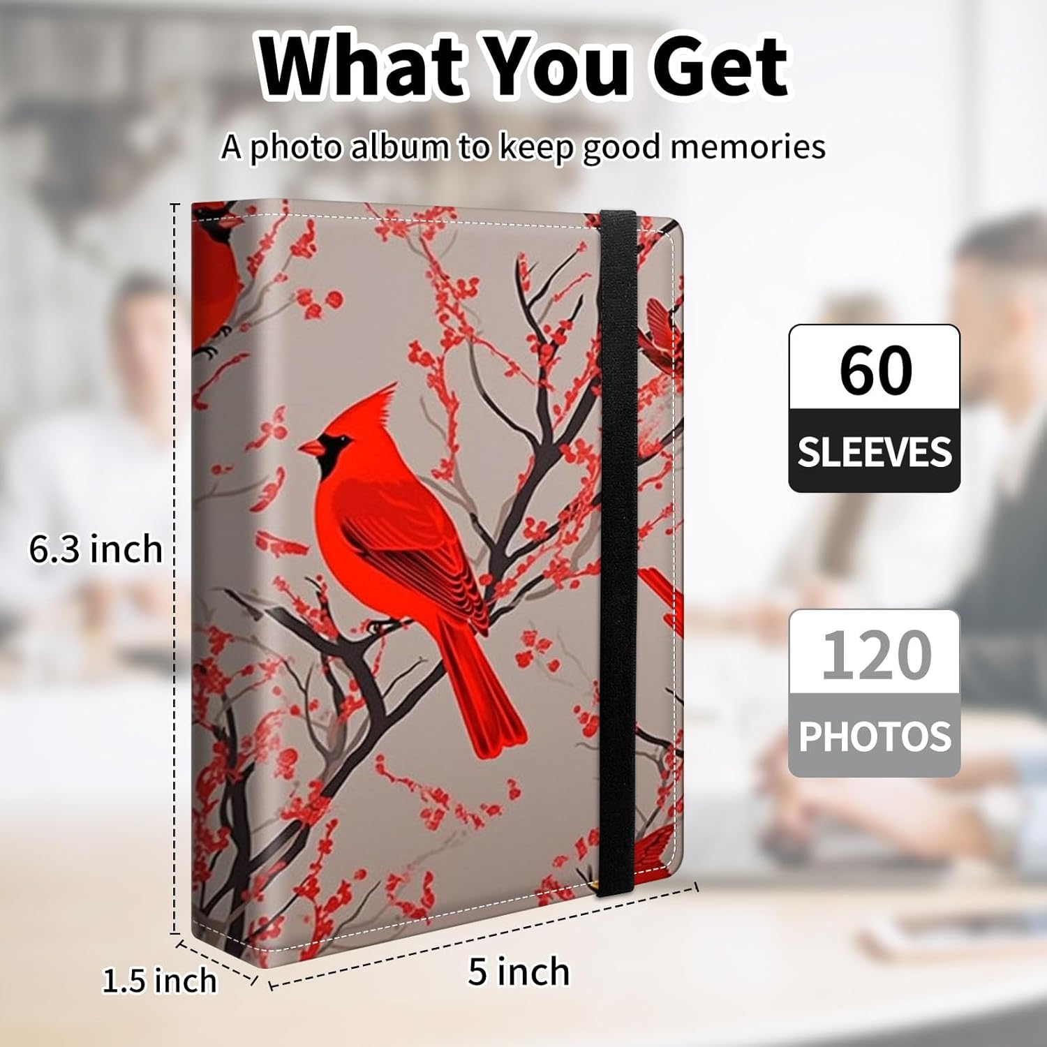 Photo Album 4x6 120 Pockets Photos with Elastic Band, PU Leather Photo Books Small Mini Capacity Picture Album for Family Wedding Travel Anniversary Baby Vacation Pictures,Red Cardinal Birds
