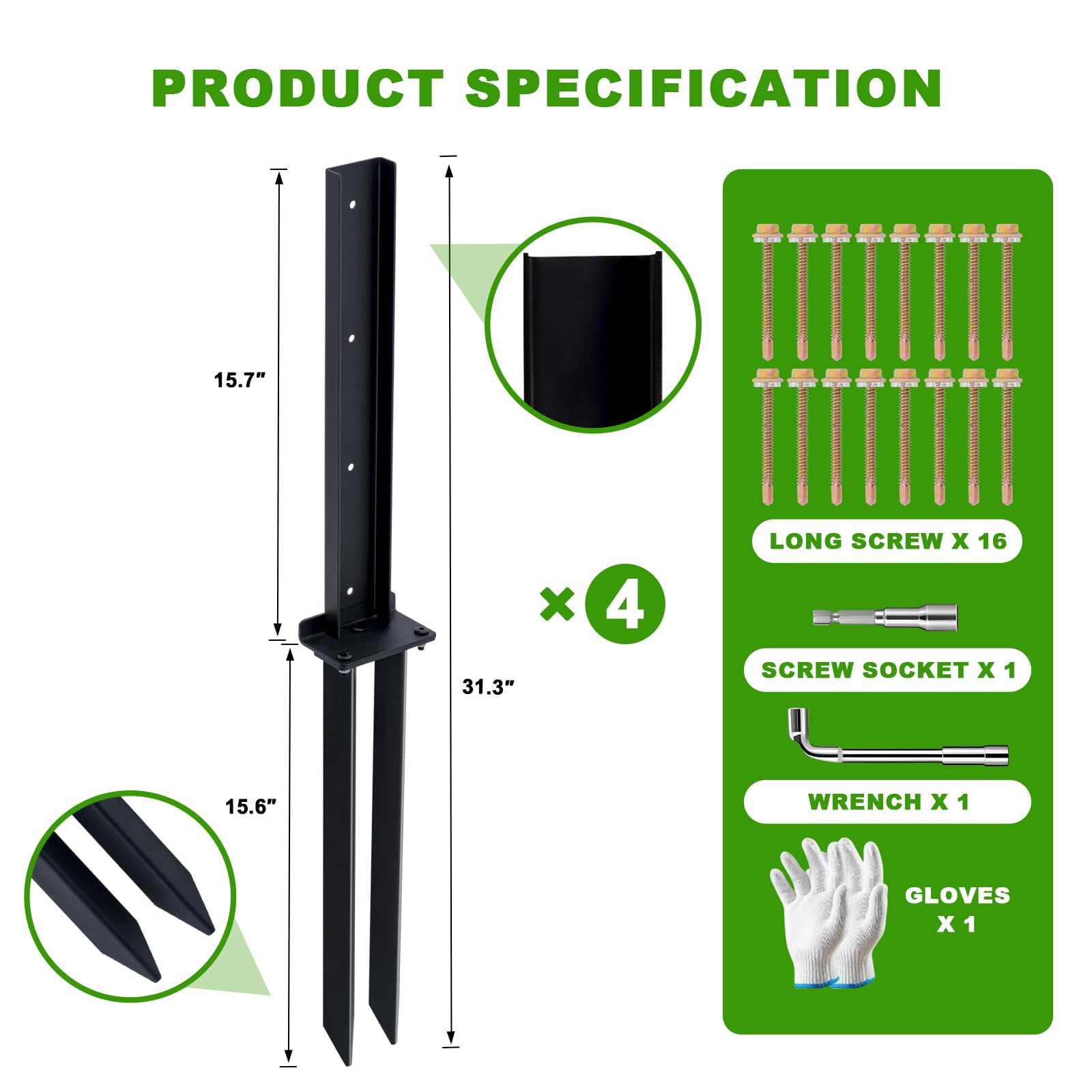 Estacas de reparación de postes de valla de acero resistente, estacas de anclaje para postes de madera, postes inclinados/rotos (paquete de 4/negro)