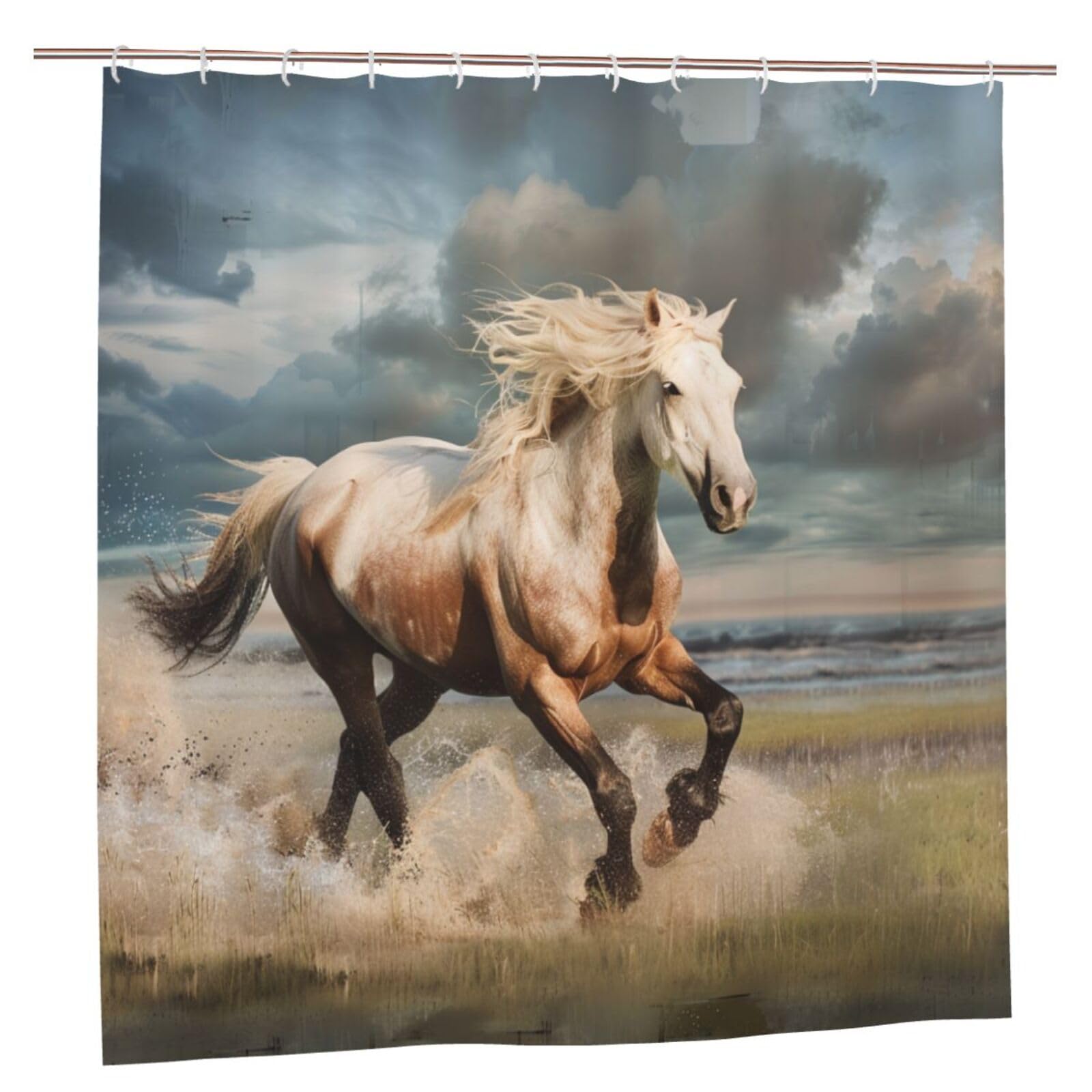 BWWHCCTI Horses Printed Shower Curtain With 12 Plastic Hooks Opaque Quick Drying Waterproof Shower Curtains Sets For Bathroom 183x183 CM