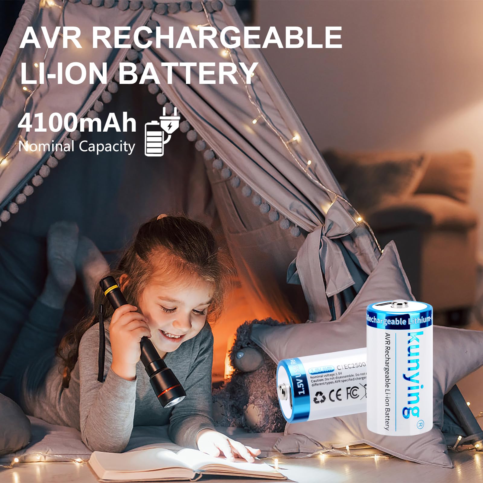 kunying Lithium C Batteries,Rechargeable C Batteries with 4 in 1 USB Charging Cable,2-Hour Fast Charge,High Capacity 4100mAh 1.5V C Cell Battery,8-Pack for Toys, Flashlights