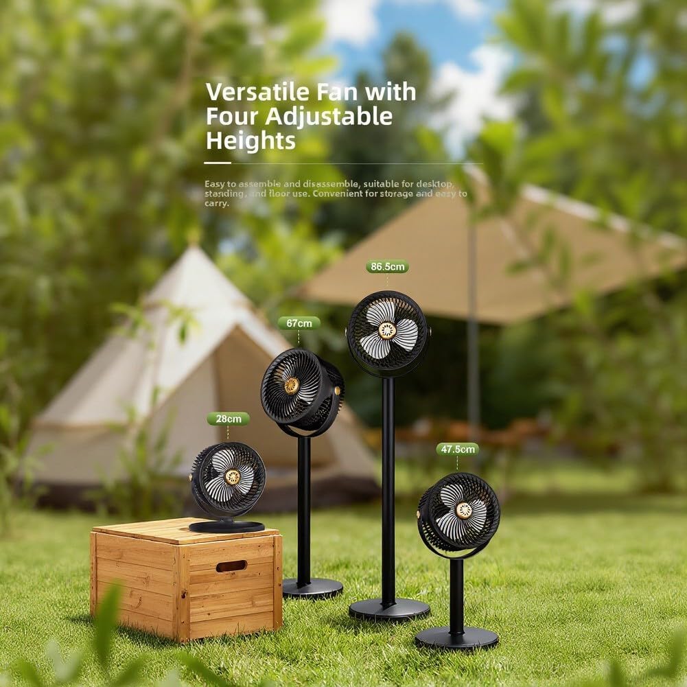 Ventilatore Solare Ricaricabile da Terra con Batteria da 4000 mAh, 5 velocità, Regolazione a 360°, RGB per Illuminazione per Uso Esterno e Interno (Nero)