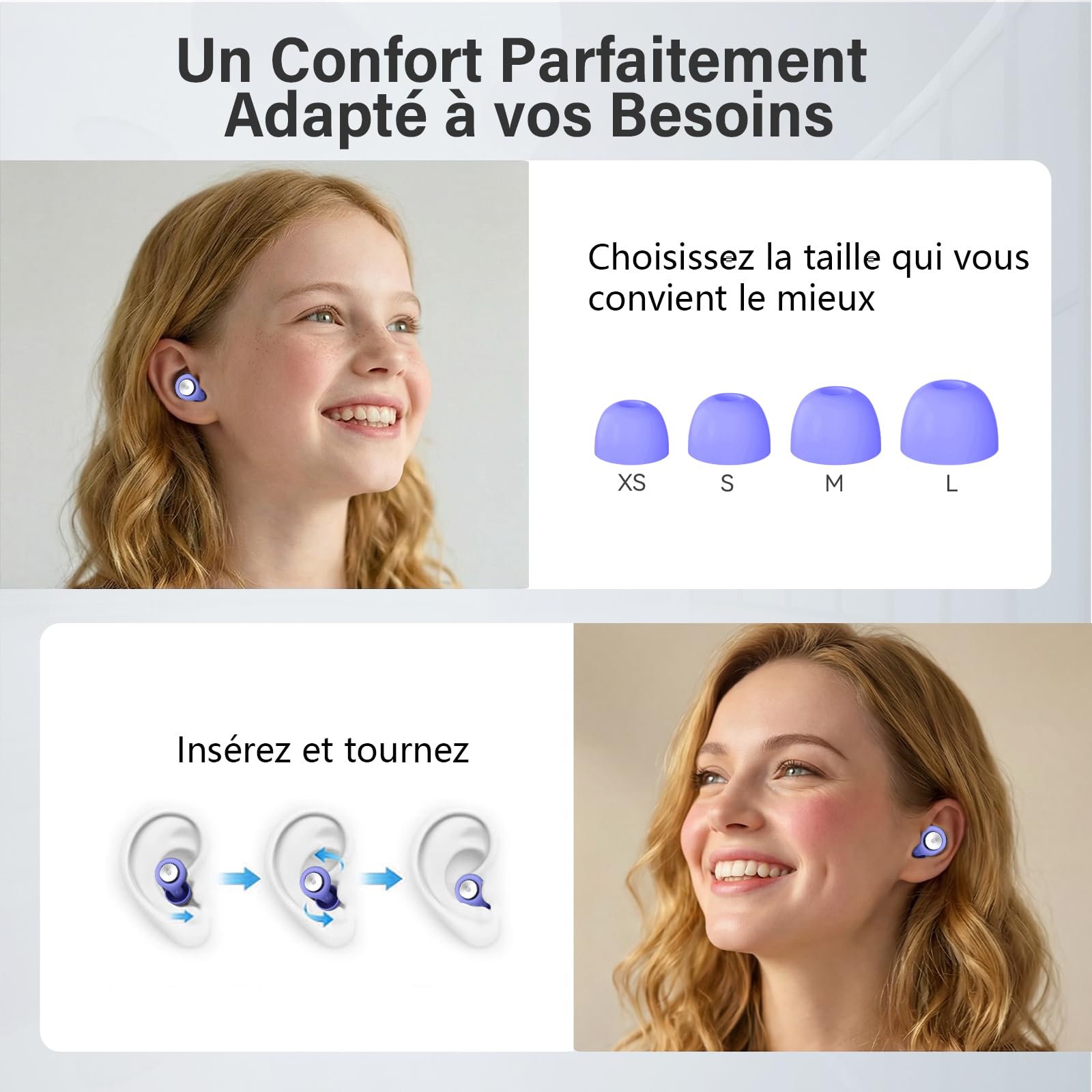 2026 Bouchon d'oreille pour dormir, 45 dB Boule Quies pour dormir, voyager, se concentrer, concerts, Bouchons Réutilisables en Silicone Souple et Ergonomiques, 4 Tailles (XS/S/M/L) Protection Auditive - 5