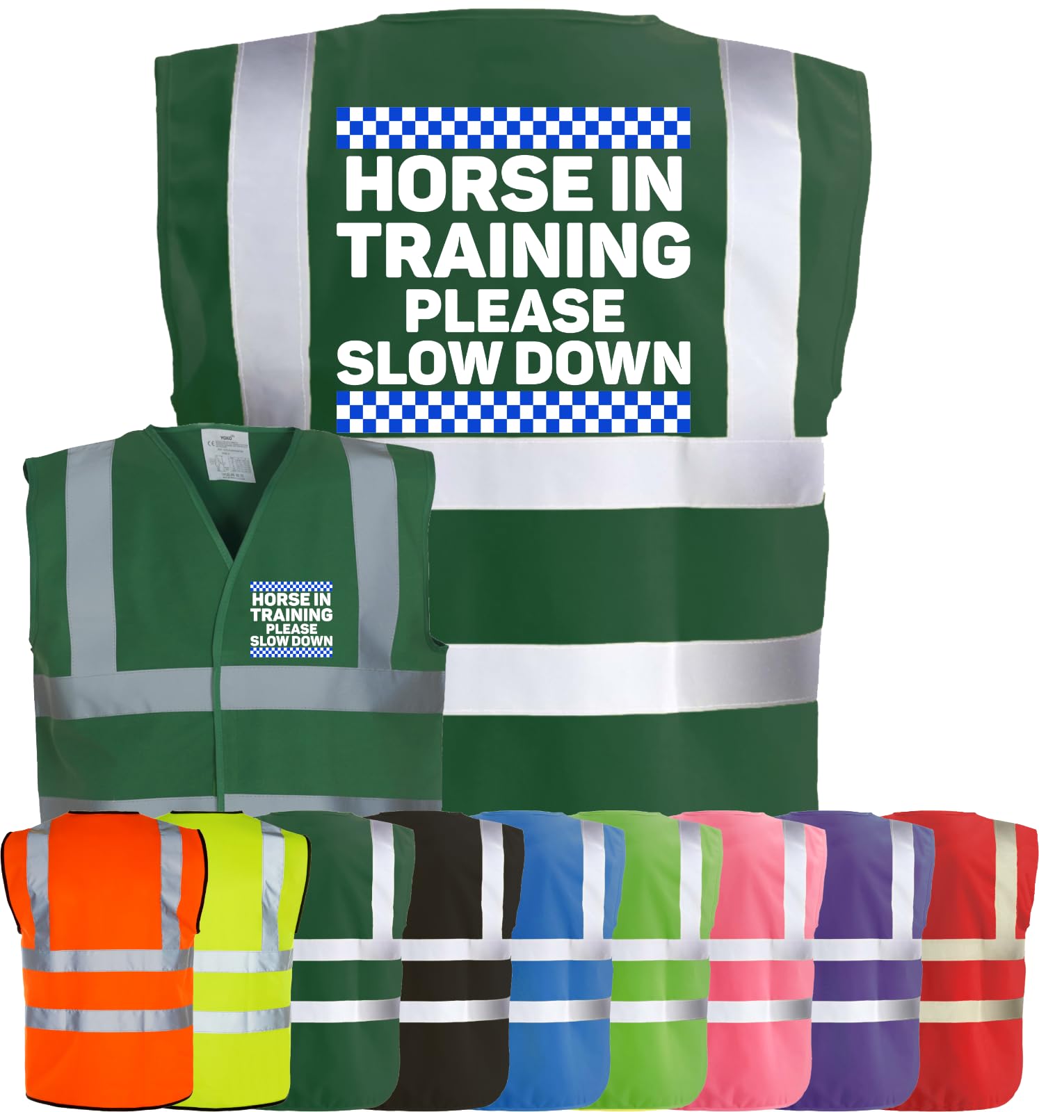 Corporate Togs HORSE IN TRAINING SLOW DOWN Equine Hi-Vis Vest - Equestrian Safety Waistcoat Tabard, Fully EN471 and Fastening Vest | Personal Protective Equipment