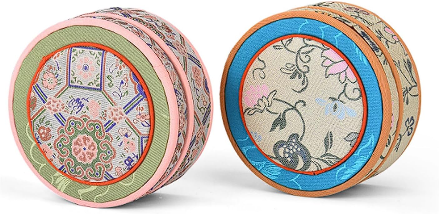 Vintage Song Brocade Jewelry Box, Round Embroidered Display Case with Full Sponge Protection for Jade Bracelets(Green)