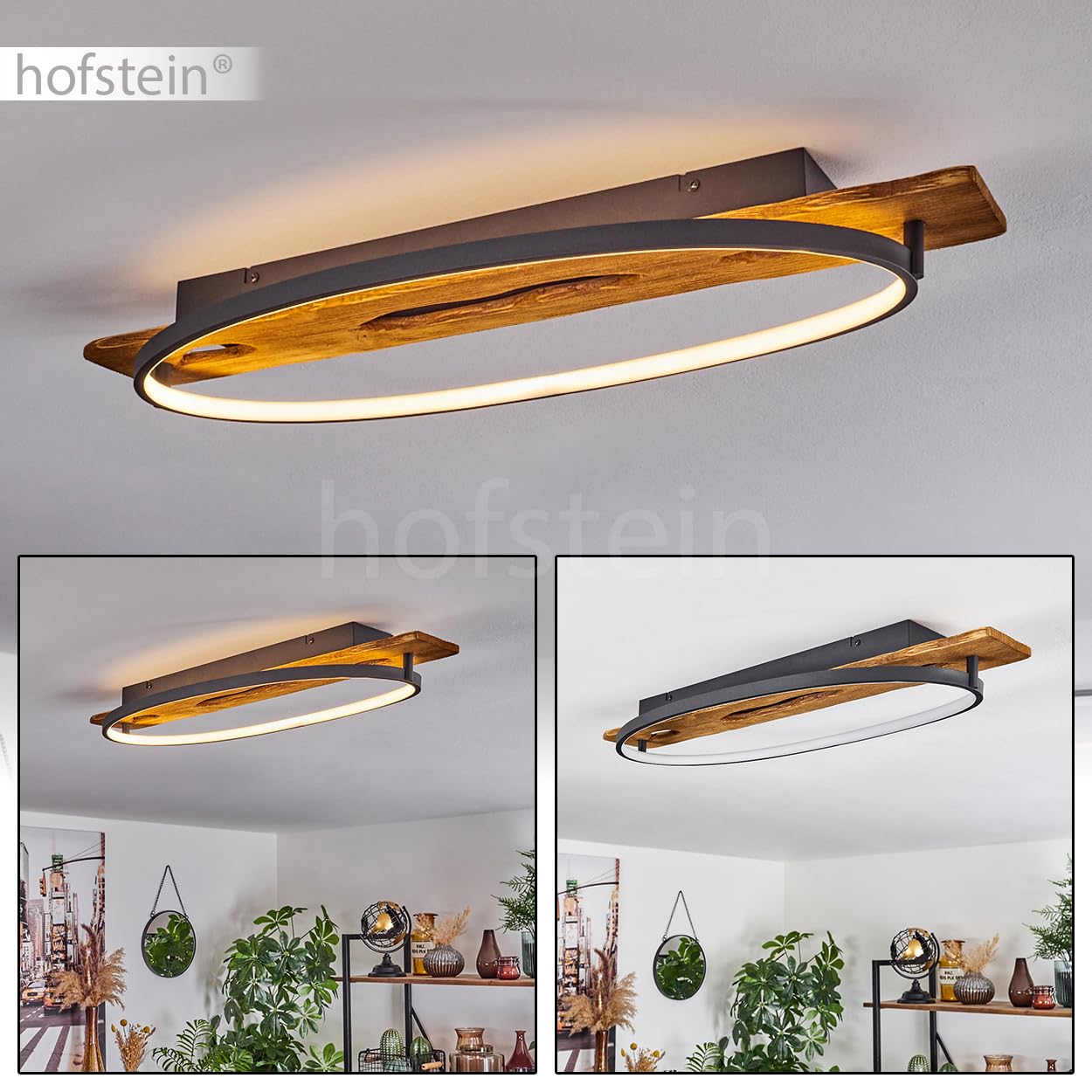 HOFSTEIN LED Deckenleuchte Nevogilde, moderne Deckenlampe aus Metall/Holz/Kunststoff in Anthazit/Natur/Weiß, Leuchte im skandinavischen Design mit Holzbalken, 2400 Lumen, 3000 Kelvin, 20 Watt