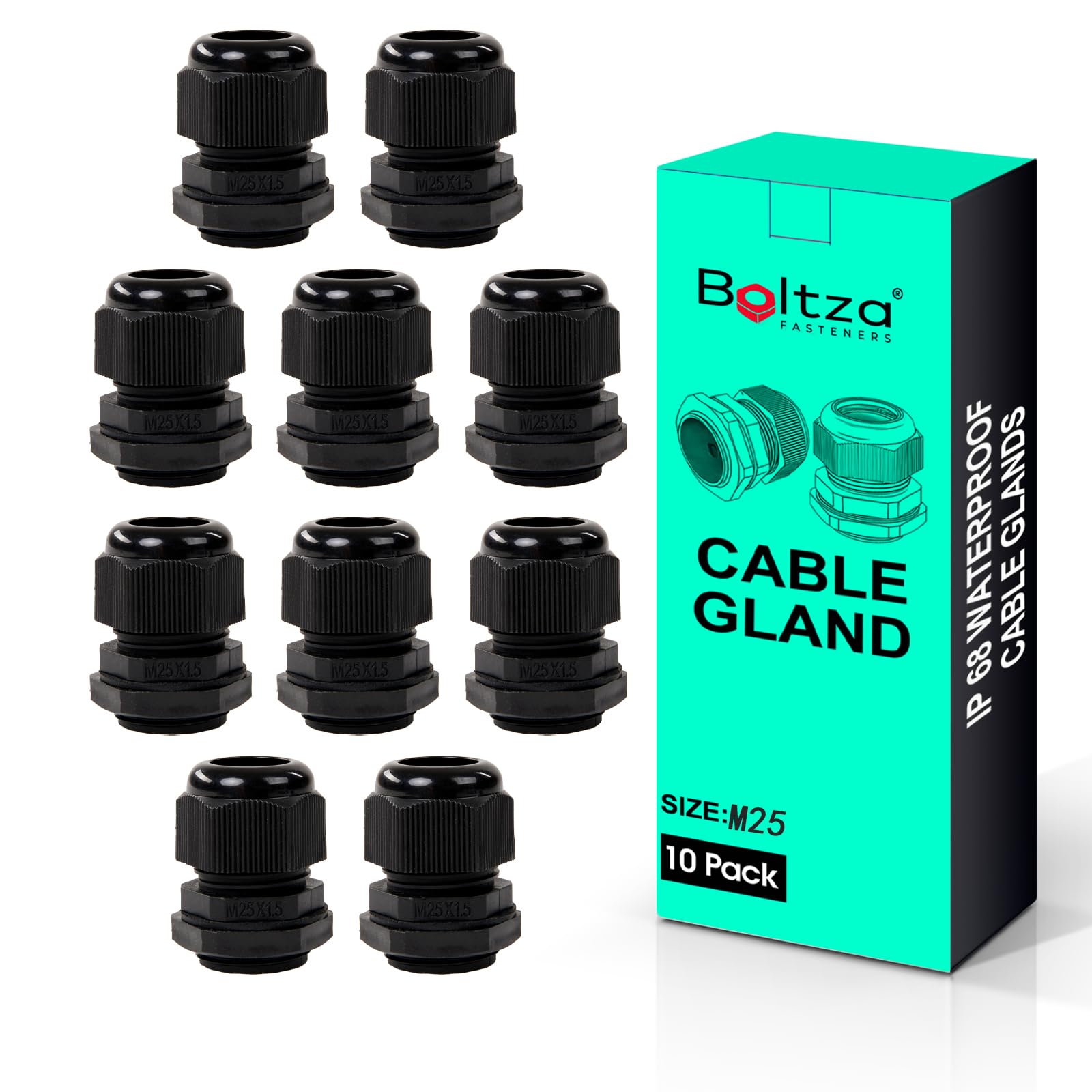 Boltza® Black Nylon Cable Gland – IP68 Waterproof Cable Connector for Electrical Enclosures, Junction Boxes, Outdoor Use – Conduit Gland – 10 Pack (M25)